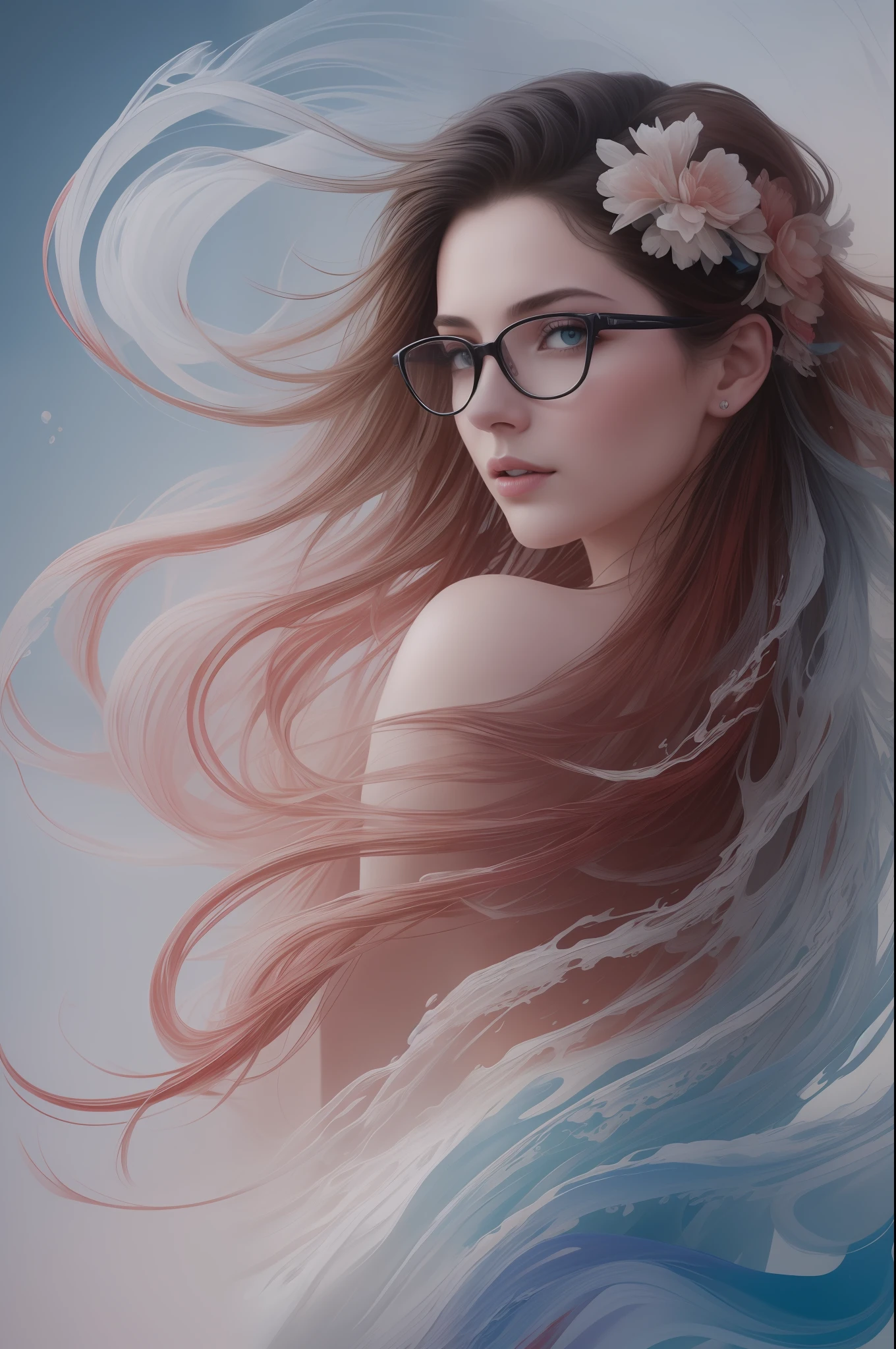 Beautiful girl in color: 30 year old girl, wearing glasses, messy hair, oil painting, perfect face with smooth skin and perfect face, blue, light red and white colors, light red additions, intricate details, splash screen, high resolution 8k , masterpiece , beautiful face , digital painting arts station smooth flow of black ink: 8k resolution photorealistic masterpiece: intricately detailed fluid gouache painting: by Jean Baptiste Mongue: calligraphy: acrylic: watercolor art, professional photography , natural lighting, volumetric lighting maximalist photoillustration: by marton bobzert: , complex, elegant, expansive, fantastic, wavy hair, vibrant