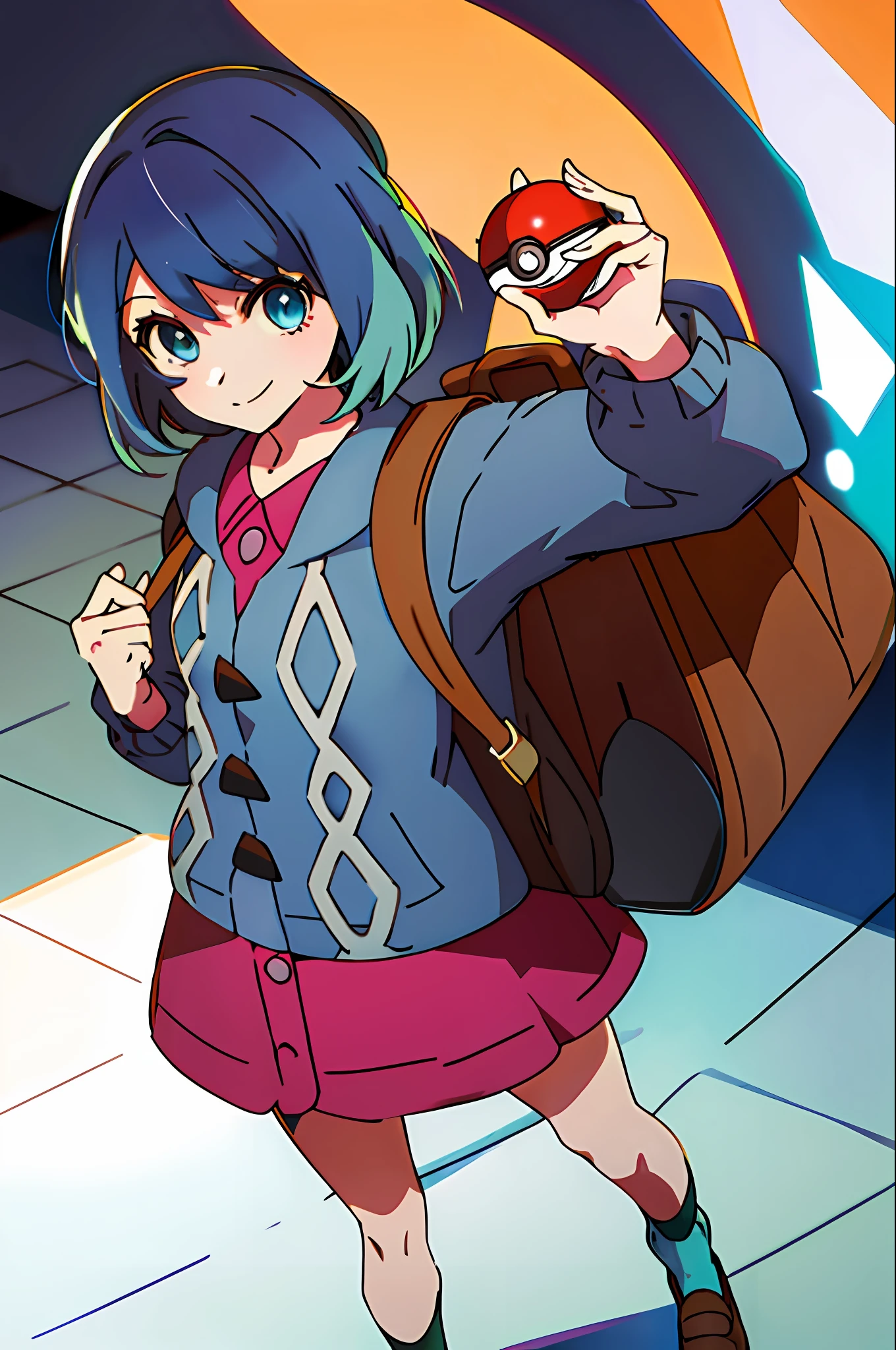 masterpiece, best quality, highres, gloria1, 1girl, gloria \(pokemon\), blue hair, solo, backpack, blue eyes, tam o' shanter, grey cardigan, pink dress, short hair, green socks, socks, brown bag, bob cut, bangs, long sleeves, collared dress, cowboy shot, standing, smile, holding poke ball, star shaped eyes , star pupils, Akane
