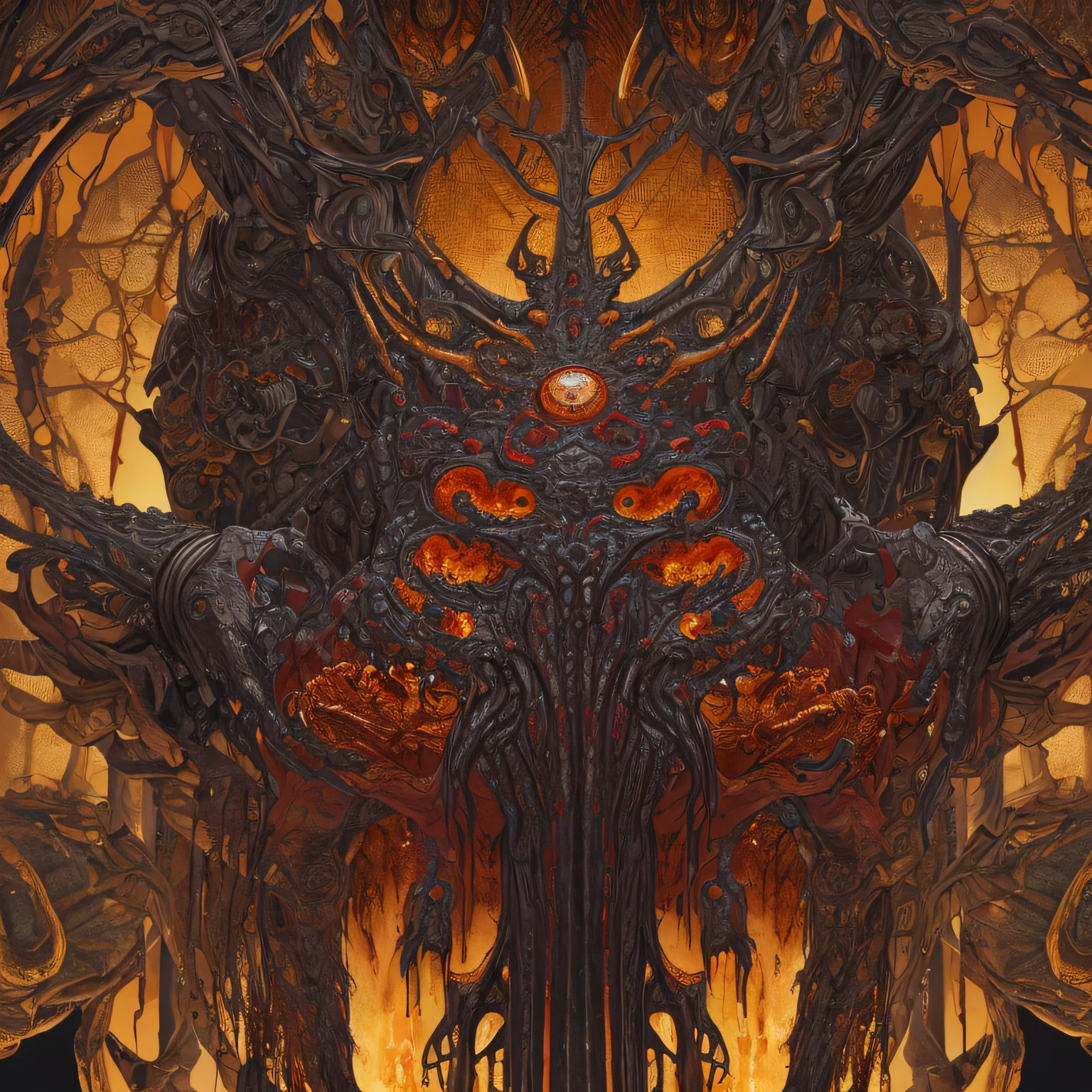 (masterpiece, best quality: 1.2), ultra detailed, highest detail, (body horror: 1.4), (biomachine: 1.3), (bloody: 1.2), living being, (colorful: -1.0), satanic, (machine: 1.3), Hans Giger, many hands, (zentangle: 1.2), deep gold color scheme, black