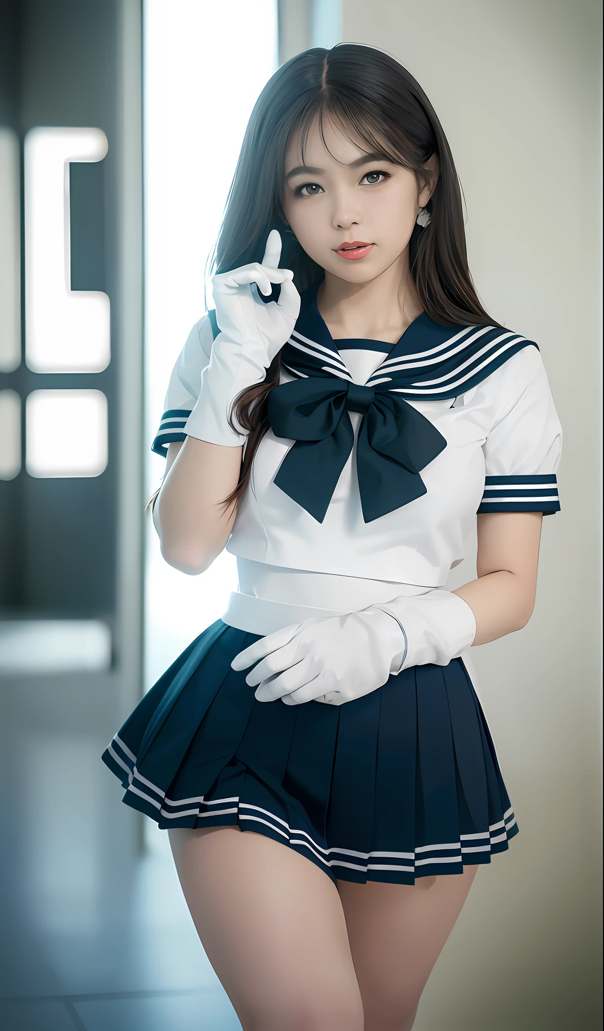 there is a woman in a sailor costume posing for a picture, twintails white_gloves, sailor uniform, anime girl cosplay, girl wearing uniform, cosplay photo, jk uniform, cosplay of a catboy! maid! dress, female sailor uniforms, japanese girl school uniform, hyperrealistic schoolgirl, japanese school uniform, wearing japanese school uniform, seifuku