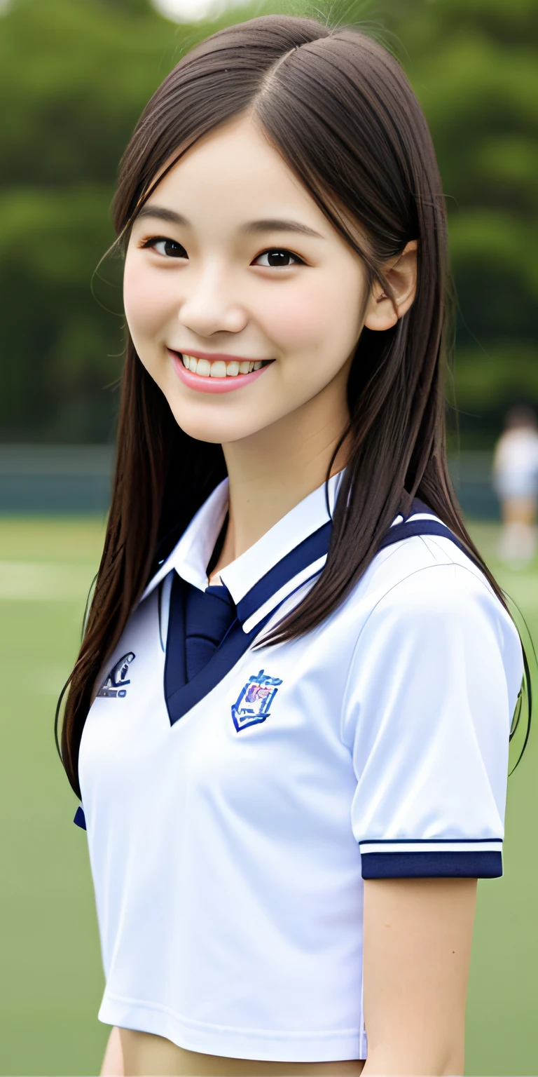 neat college girl, ite person, (school uniform, summer clothes, short sleeves), outside the athletic field, (slim, small, flat, small), photorealistic, detail, skin texture, ultra detail, delicate and sexy collarbone, smile, super detailed face, detailed lips, detailed eyes, double eyelids