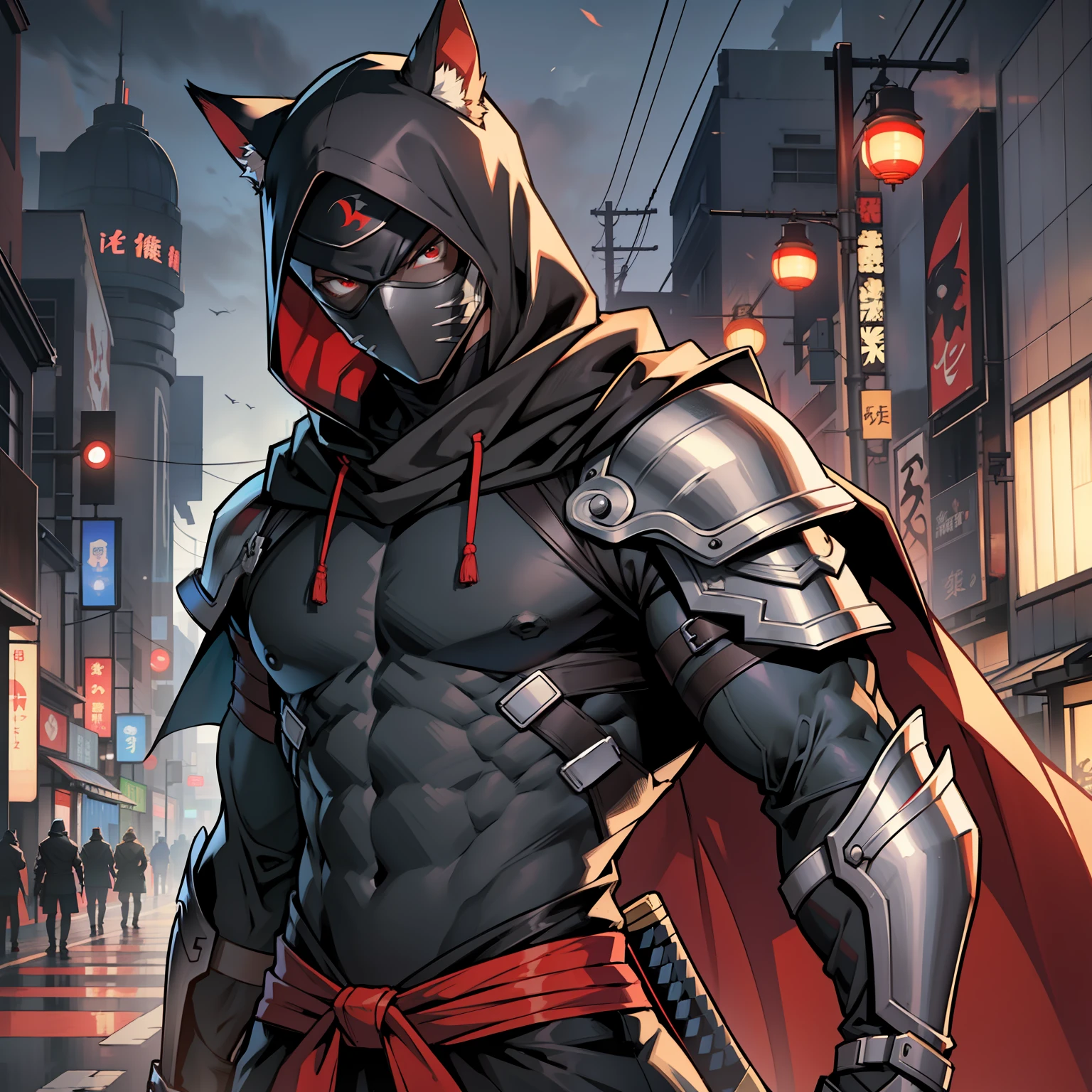 The highest quality, the perfect masterpiece, perfect art, 8K, 1male, super hero, Japanese, long black cape, black hood, night, katana on the back, serious, cold, mask in the eyes, red eyes, pistols at the waist, on top of a building, vigilant, trained physique, ninja style, black clothing all over the body, agile, light armor, HQ, no animal ears --auto --s2