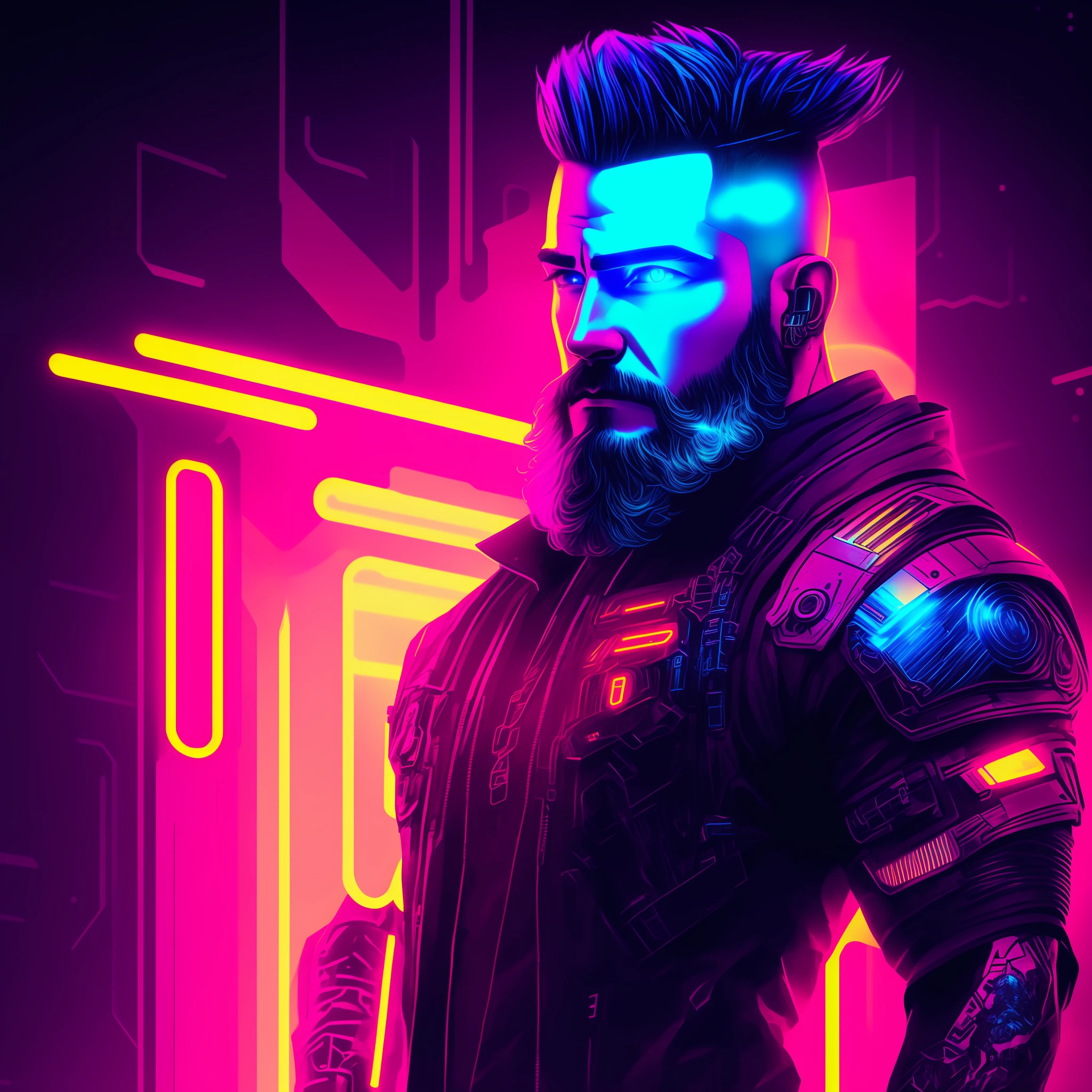 character, 30 years old, man, small beard, muscular, cyberpunk style portrait, futuristic (neon: 1.1) reflective wear, science fiction. artgern, art, illustration, ((dark environment)), ((vegnette)), ((HDR)) ((minimal palette colors)), soft tones, soft colors, faint colors, calm, highly detailed pastel colors, intricate details