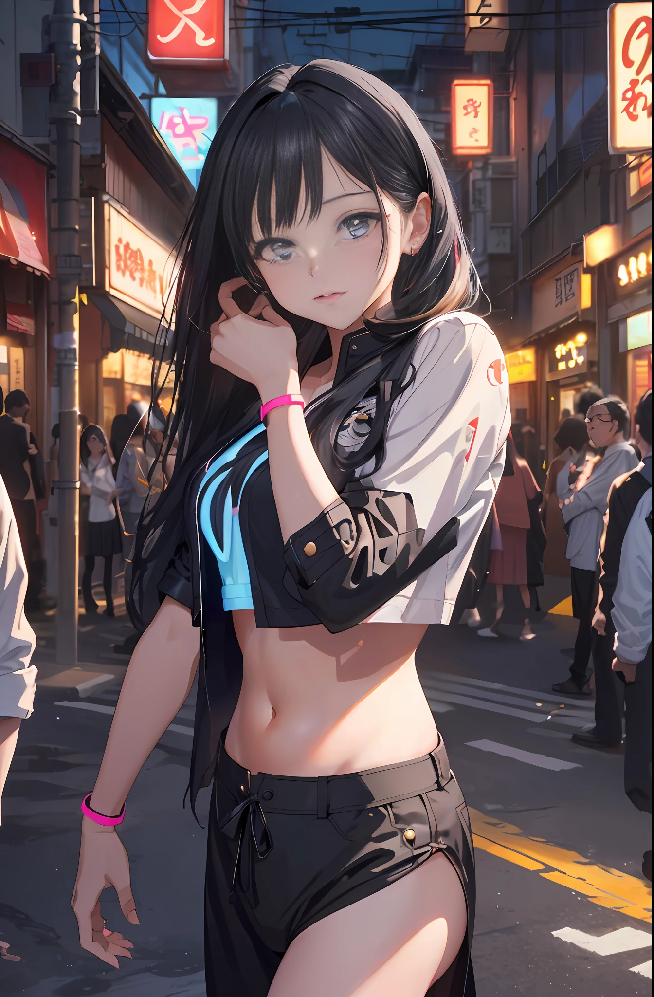 (backlighting,navel:1.1,black hair),A beautiful woman wearing school uniform on the bustling streets of Gintama, surrounded by vendors, beautiful portrait of a stunning goddess girl, beautiful detailed face, porcelain skin, half body shot, centered,((moonlight,night,big neons,strong neon lighting,rim lighting,two tone lighting))),