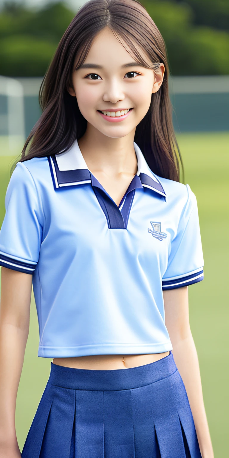 neat college girl, petite person, (school uniform, summer clothes, short sleeves), outside the athletic field, (slim, small, flat, small), photorealistic, detail, skin texture, ultra detail, delicate and sexy collarbone, smile, super detailed face, detailed lips, detailed eyes, double eyelids