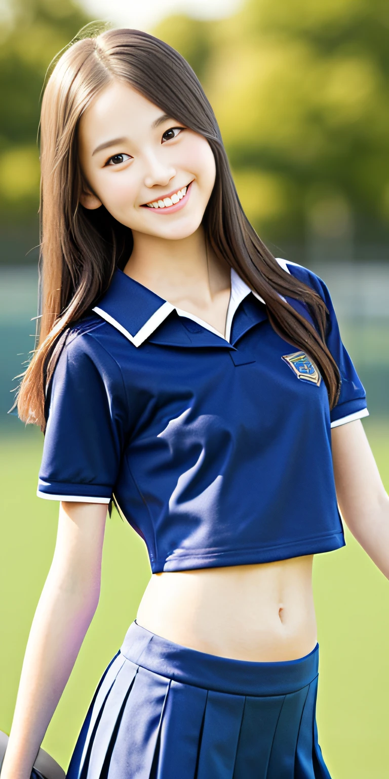 neat college girl, ite person, (school uniform, summer clothes, short sleeves), outside the athletic field, (slim, small, flat, small), photorealistic, detail, skin texture, ultra detail, delicate and sexy collarbone, smile, super detailed face, detailed lips, detailed eyes, double eyelids