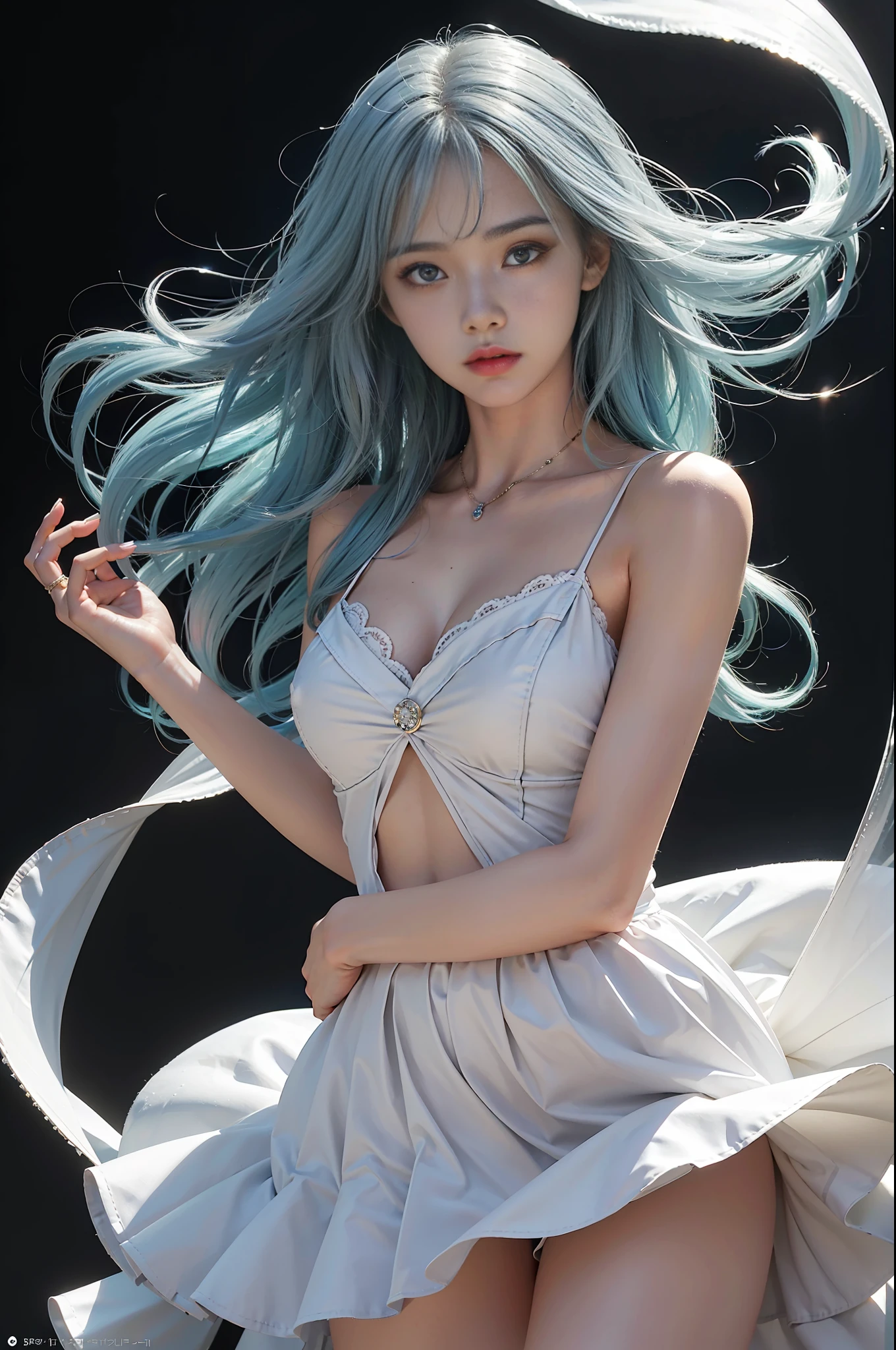 (masterpiece), (best quality), (ultra detailed),(disheveled hair),(illustration), (1girl), (Fashionable clothing), standing, Fashion model, looking at viewer, (interview), (simple background),beautiful detailed eyes, delicate beautiful face, Floating,(high saturation),(colorful splashes),colorful bubble,(shining), focus on face, kamisato ayaka, light blue hair, bangs, hair ring, floating flowers, floating hairs.Girl, anime waifu, looking at viewer, highlydetailed, reflections transparent iridescent colors, long transparent iridescent RGB hair, artby Serafleur from artstation, thick acrylic,illustration on pixiv, waist up portrait, gorgeoussacred girl, best quality, ultra detailed,sad,clever,beautiful face , beautiful lighton black background, Character stvle renderedby Octane,