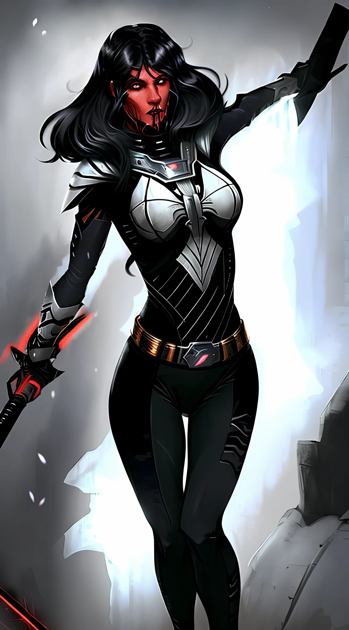 Female Sith, Medium hair, Black Hair, Hair Color, Slim, Tight Black Pants, Belt, Armor, Long Strong arms, Old Republic