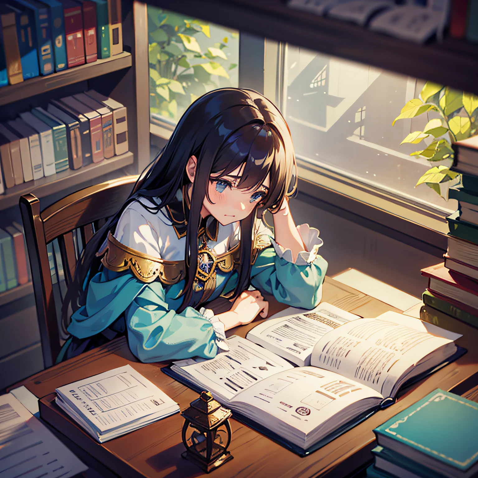 a girl, sad, sitting at a table with several books, and notes around, fantasy style