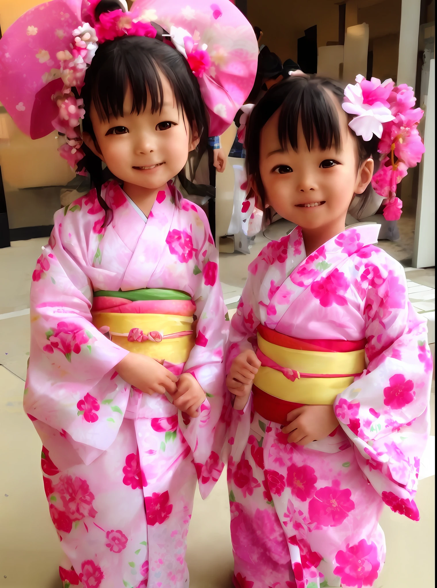 two  girls in kimonos posing for a picture, yukata clothing, wearing a colorful yukata, japaneese style, wearing a kimono, classy yukata clothing, wearing kimono, wearing a haori, traditional japanese, japanese clothes, in kimono, wearing royal kimono, wearing pink floral chiton, japanese style, wearing kimono armor, happy!!!, japanese kimono