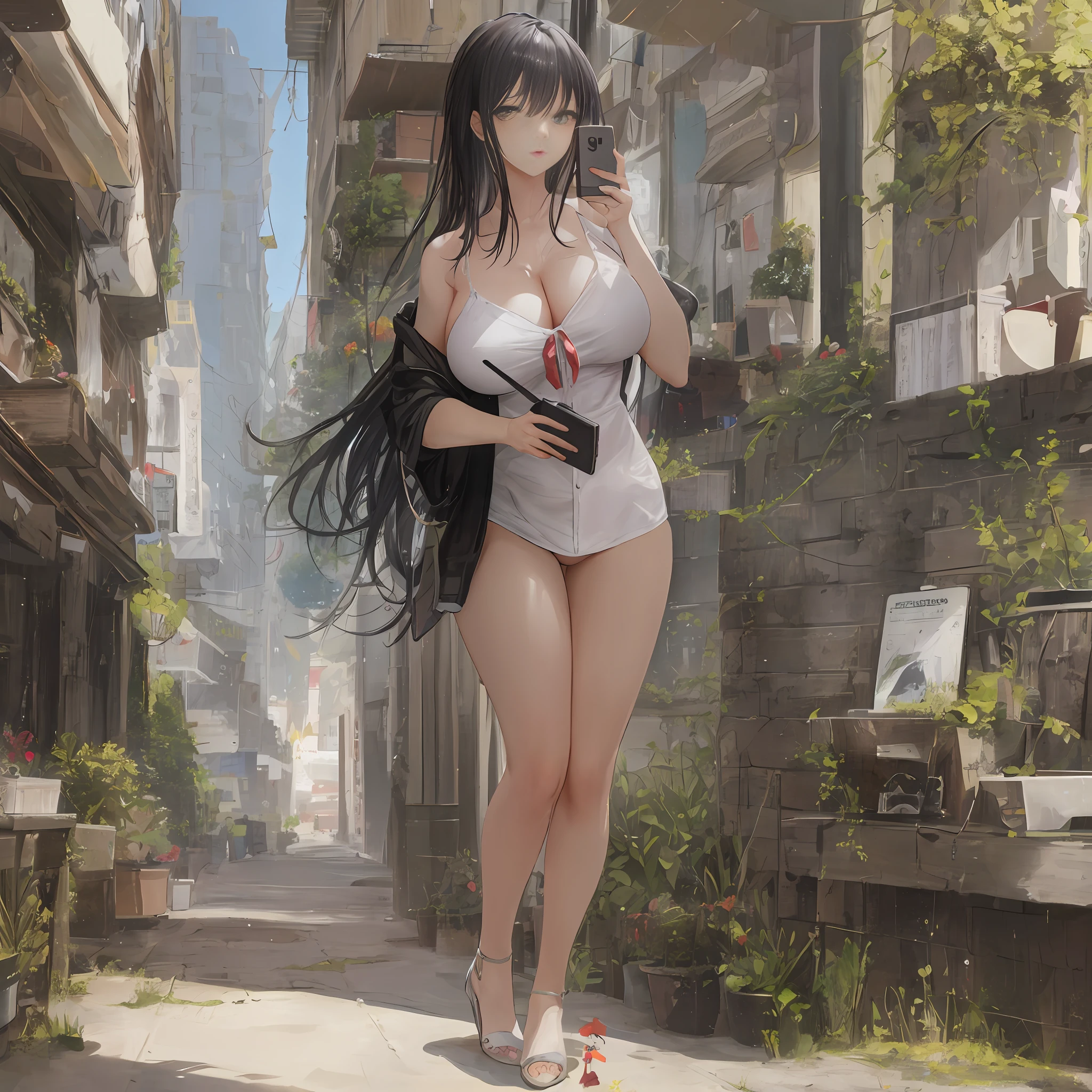 Photo_Comparison,big breasts,(mature female:1),black hair,long hair,phone, cellphone, smartphone, holding, Nude, Vaginal, Picture