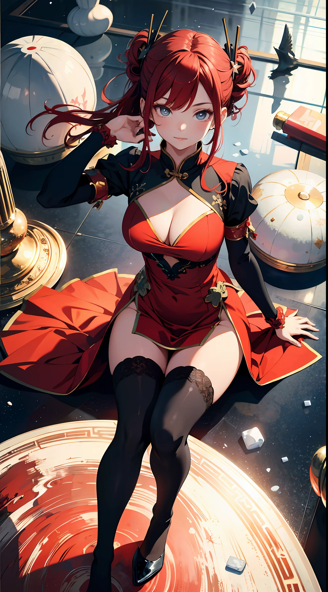 absurd res, high res, (masterpiece:1.4), ultra-detailed, 1girl, from above, space, floating, Chinese dress, red dress, stockings, red hair, blue eyes