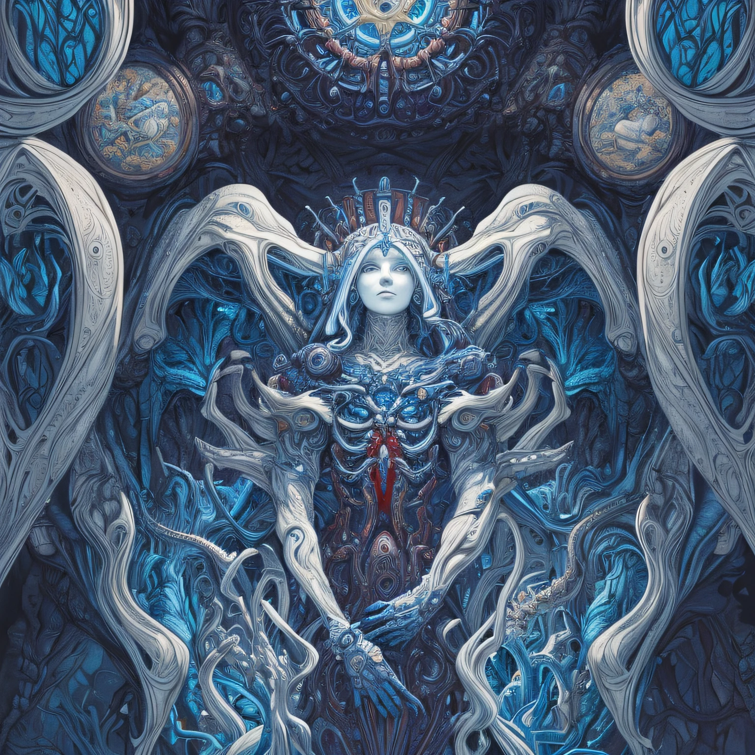 (masterpiece, best quality: 1.2), ultra detailed, highest detail, (body horror: 1.4), (biomachine: 1.3), (bloody: 1.2), living being, (colorful: 1.2), Hans Giger, many hands, (zentangle: 1.2), white, blue color scheme