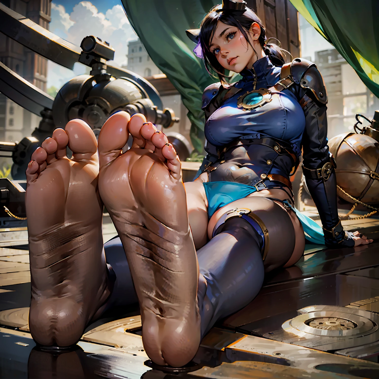 1girl, sitting, feet up, soles,steampunk sexy girl, marked cameltoe, gigantic breast sagging, marked, big areola, marked areola,beatiful feet,