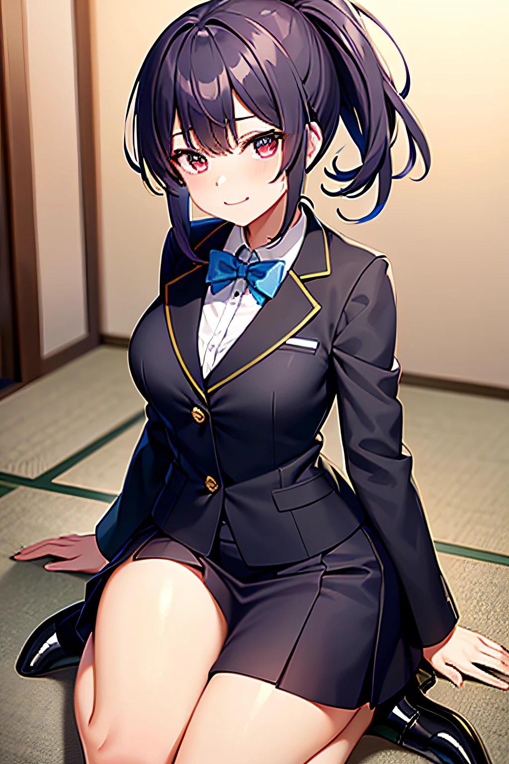 solo, hoshinoai, (16:9, high quality), (1girl:1.2), (solo:1.2), medium_face, indigo hair + high_ponytail, blunt bangs, purple + starry_eyes, smile, Light_face, Medium breasts, slenderwaist, Wide pelvic, thigh gaps, (formal clothes, white + laboratory coat), (black long skirt, black footwear, shoes), approaching closer, (full body), (blurry background), close distance, close up