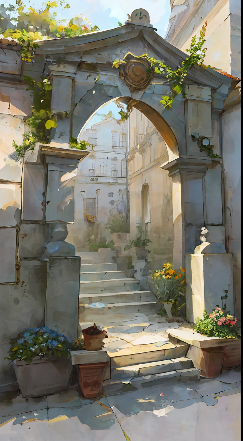 miaobishenghua  , [(white background:1.5)::5], 1 girl, mid shot, full body, butterflies, flowers,floating petal,stone fragment, beautiful detailed water,cloud,sun,dusk,sunset,beautiful detailed gate,