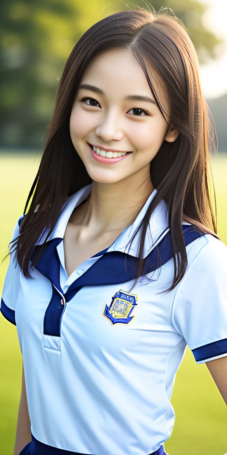 neat college girl, petite person, (school uniform, summer clothes, short sleeves), outside the athletic field, (slim, small, flat, small), photorealistic, detail, skin texture, ultra detail, delicate and y collarbone, smile, super detailed face, detailed lips, detailed eyes, double eyelids