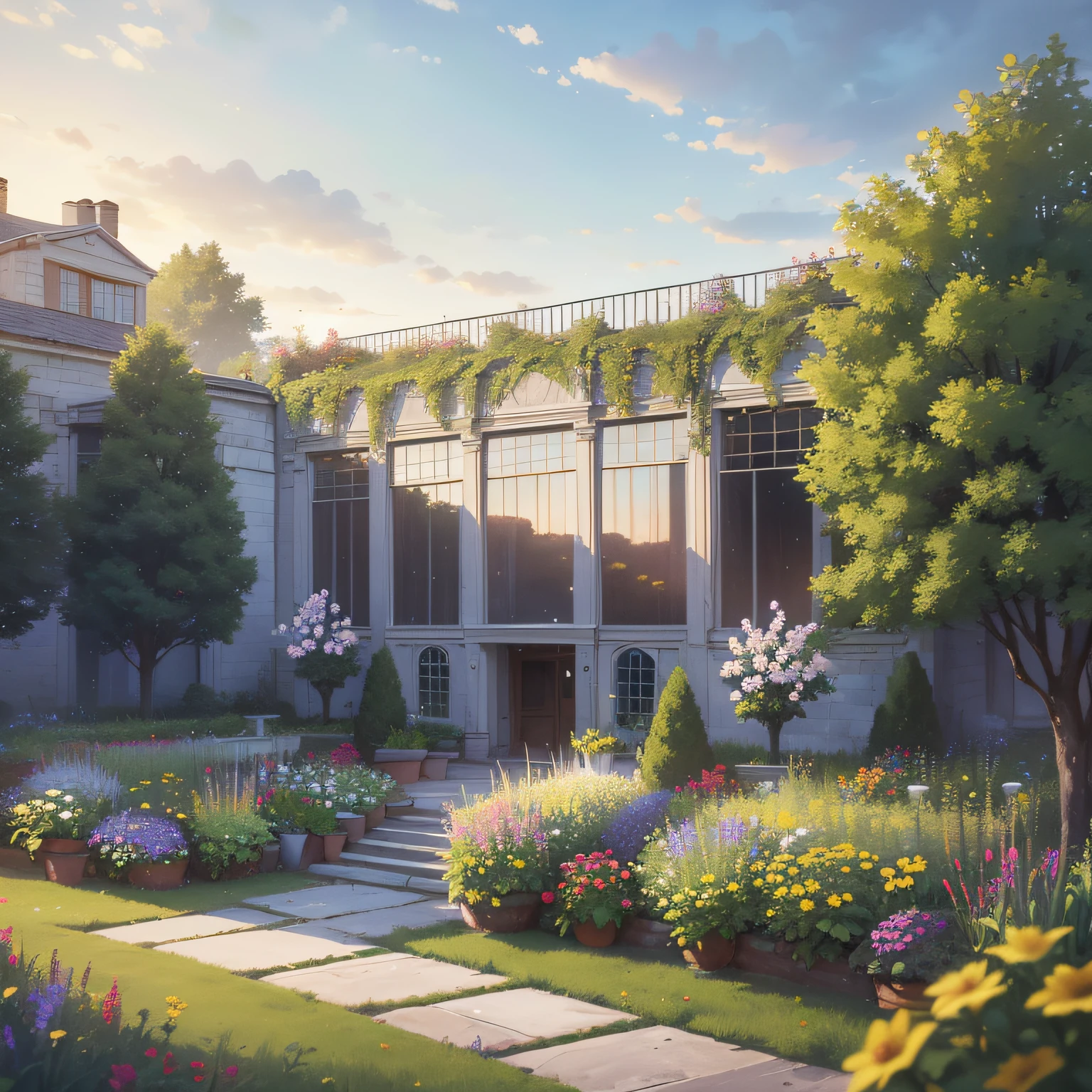 ((Realistic lighting, Best quality, 8K, Masterpiece: 1.3),house2 floors,glass windows,staircase outside,field,several trees in the courtyard,with flowers,fruit,grass,drizzling, --auto --s2