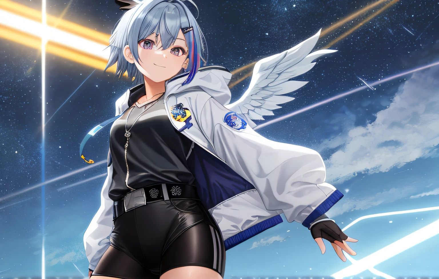 best best quality, masterpiece, android, crosseyed, multicolored hair, partially fingerless black gloves, grey hair, mini wings, angel wings, blue hair, white jacket, ahoge, round eyes, blush, single hair intake, hair ornament, colored inner hair, single blue thighhigh, white sneakers, purple eyes, hairclip, single sock, bike shorts, wide hips, ass, short hair, asymmetrical legwear, single black kneehigh, streaked hair, long sleeves, closed mouth, open jacket, standing, star necklace, necklace,  asymmetrical bangs, uneven legwear, puffy long sleeves, smile, hooded jacket, blue belt, (starry sky)
