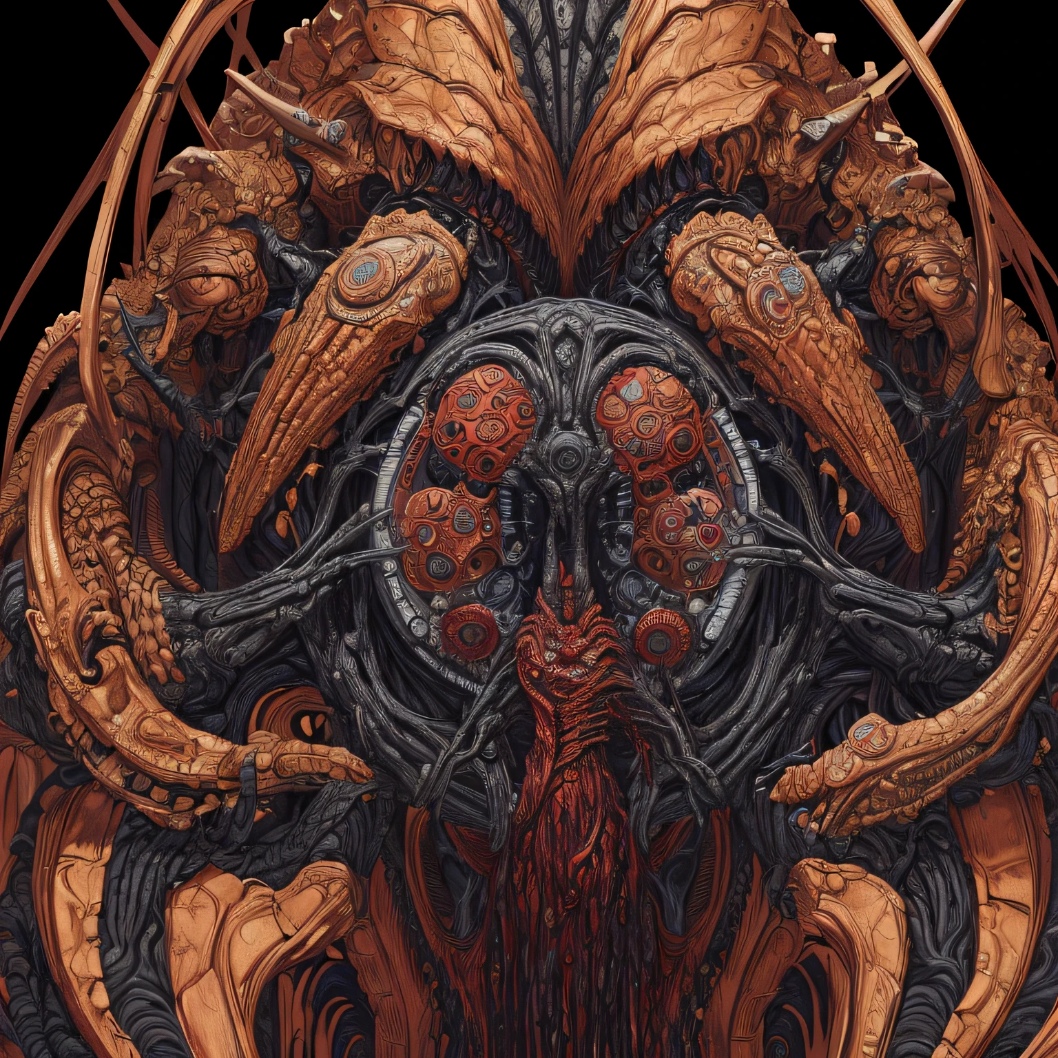 (masterpiece, best quality: 1.2), ultra detailed, highest detail, (body horror: 1.4), (biomachine: 1.3), (bloody: 1.2), living being, (colorful: 1.2), Hans Giger, many hands, (zentangle: 1.2), black color scheme