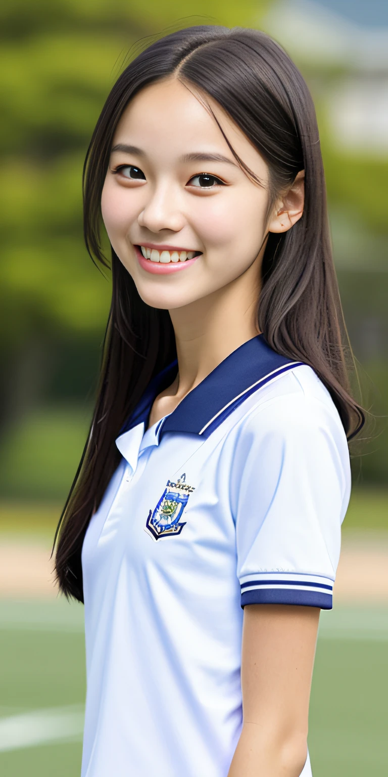 neat college girl, petite person, (school uniform, summer clothes, short sleeves), outside the athletic field, (slim, small, flat, small), photorealistic, detail, skin texture, ultra detail, delicate and sexy collarbone, smile, super detailed face, detailed lips, detailed eyes, double eyelids