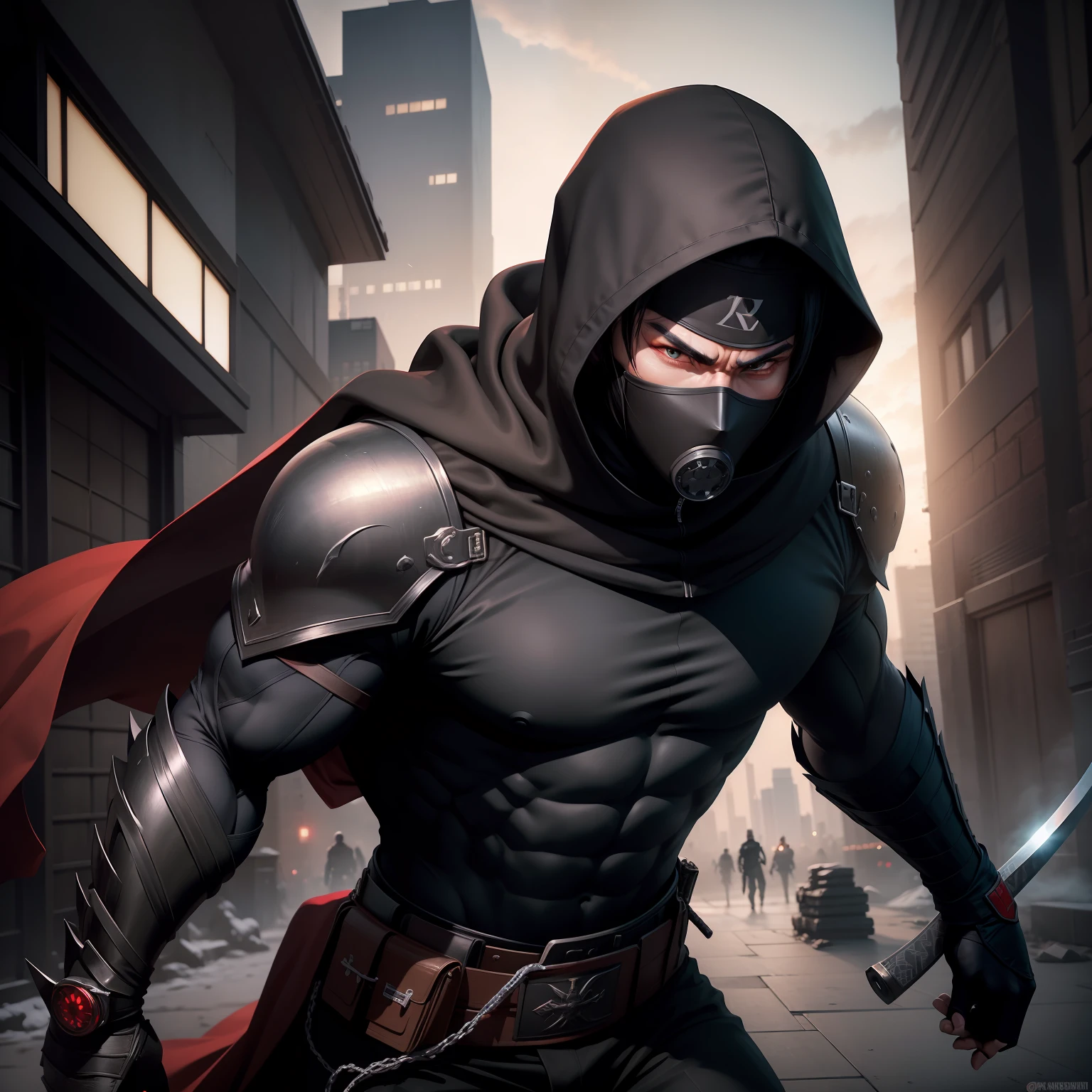 The highest quality, perfect masterpiece, perfect art, 8K, 1male, super hero, Japanese, black hair long black cape, black hood, night, katana on the back, serious, cold, ninja mask in the mouth, red eyes, pistols at the waist, on top of a building, vigilante, trained physique, ninja style, black clothing all over the body, agile, chest and shoulder armor, HQ, no ears