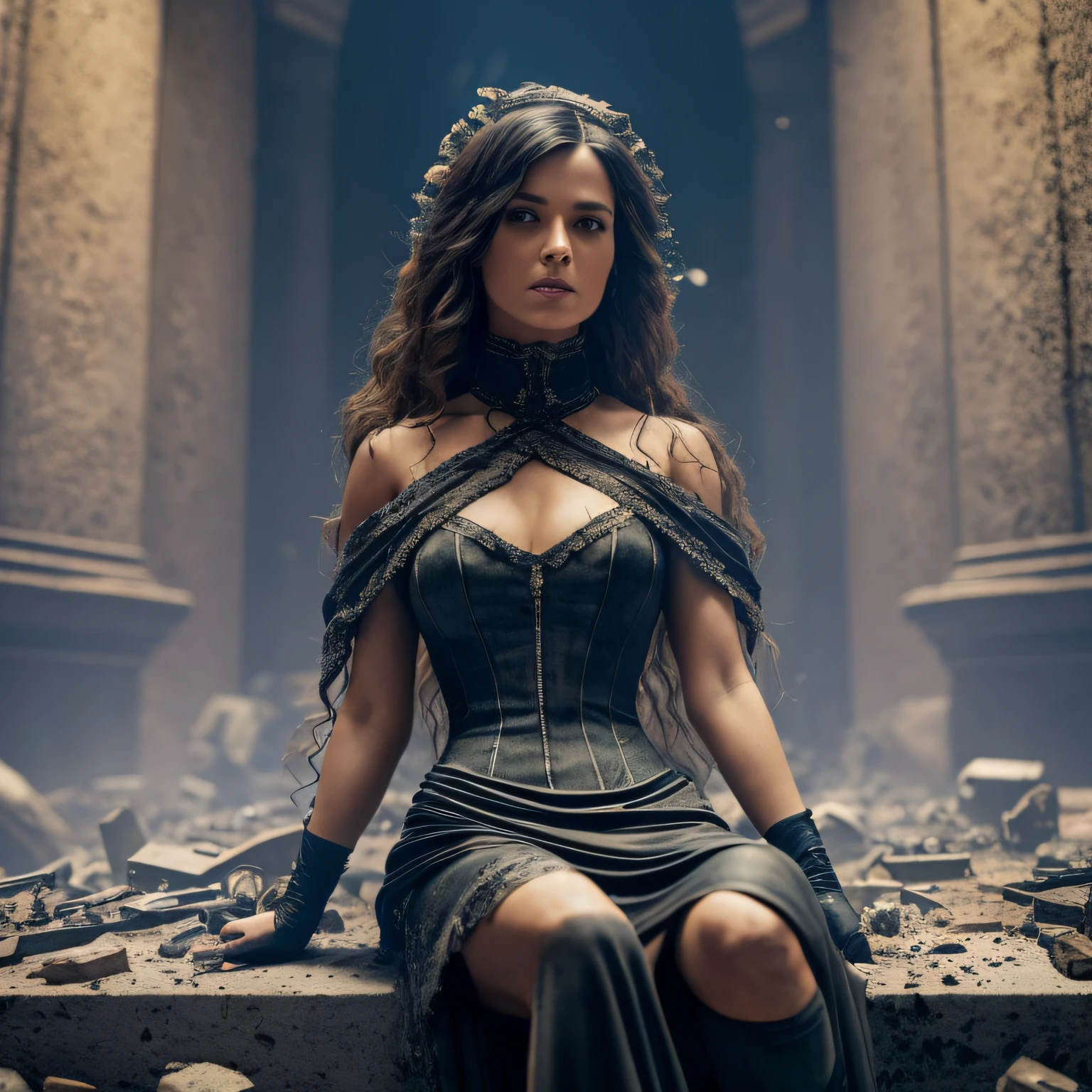 Desolate woman sitting in a tomb, sad, old black dress, torn, hair thrown in her face, terror. Background: cinematic graveyard, extreme realistic, light particles, maximum focus, realistic body, realistic face, professional lighting, octane render, beautiful features, unlimited light, magnificent, detailed skin texture, extreme details, cinematic lighting, (masterpiece), (ultra detailed), (Ultra-HD), focus --auto --s2