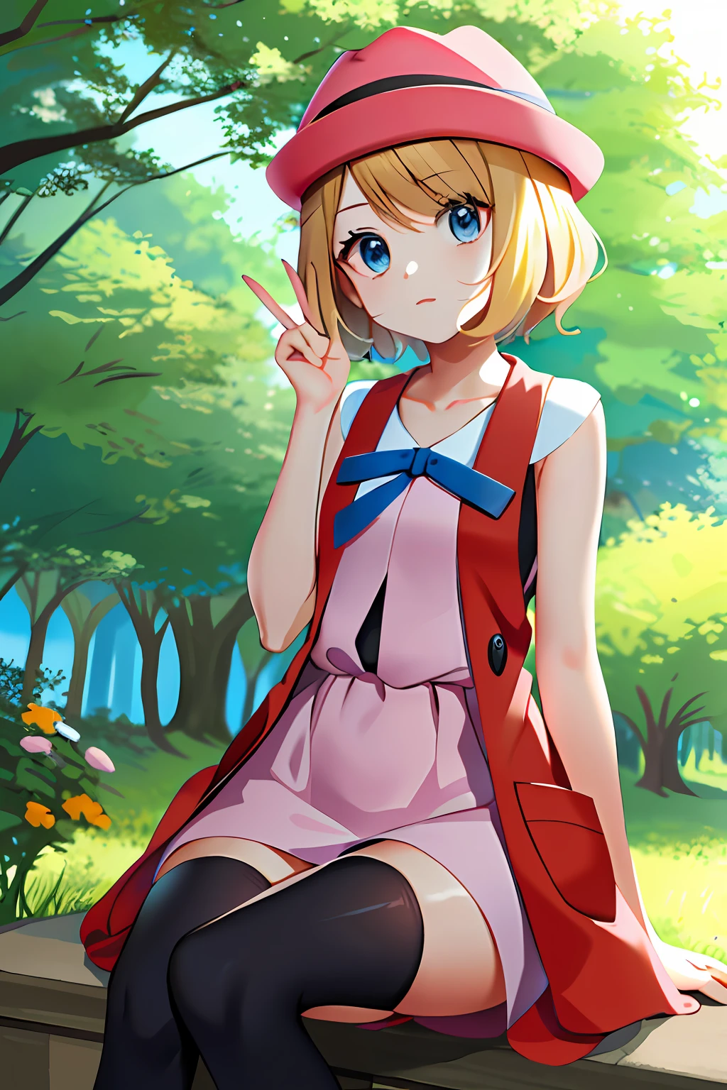 masterpiece, best quality, highres, serena \(pokemon\), short hair, blue eyes, 1girl, solo, blue ribbon, eyelashes, black thighhighs, neck ribbon, sleeveless, bangs, collarbone, bare arms, pink dress, red coat, pink headwear, outdoors, sitting, peace_sign,