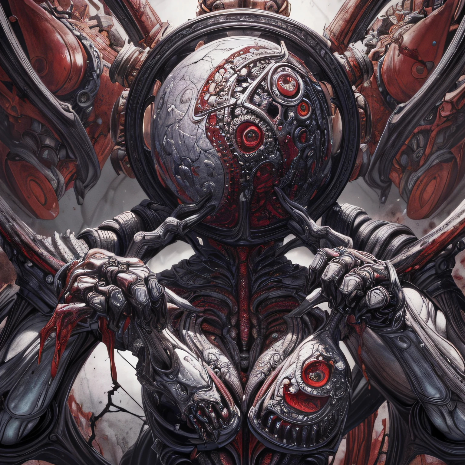 (masterpiece, best quality: 1.2), ultra detailed, highest detail, (body horror: 1.4), (biomachine: 1.3), (bloody: 1.2), living being, (colorful: 1.2), Hans Giger, many hands, (zentangle: 1.2), chrome color
