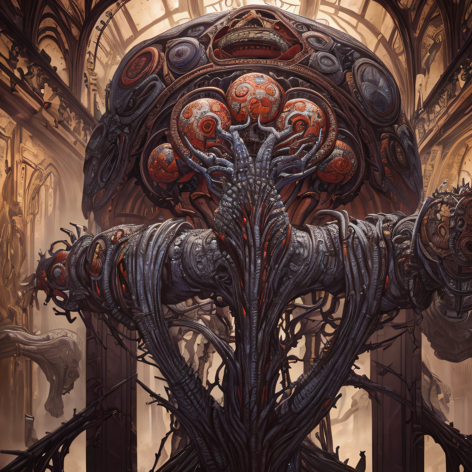 (masterpiece, best quality: 1.2), ultra detailed, highest detail, (body horror: 1.4), (biomachine: 1.3), (bloody: 1.2), living being, (colorful: 1.2), Hans Giger, many hands, (zentangle: 1.2), chrome color