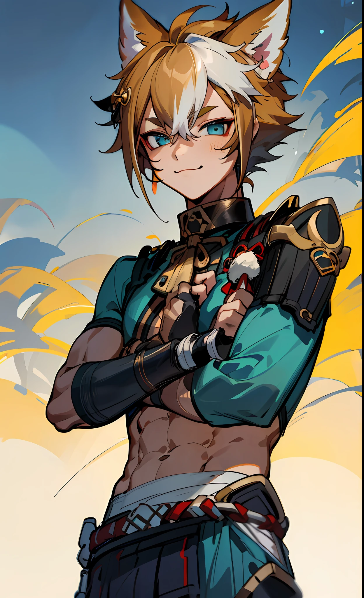 (Masterpiece), (Best Quality), (Ultra Detailed), Upper Body, Night, Sexy Look, Handsome, Looking Eager at 1 Boy, Giving Accurate Facial Features, Giving Accurate Hands, Accurate Legs, Toned Abs, Femboy, Young Male, Dog Ears