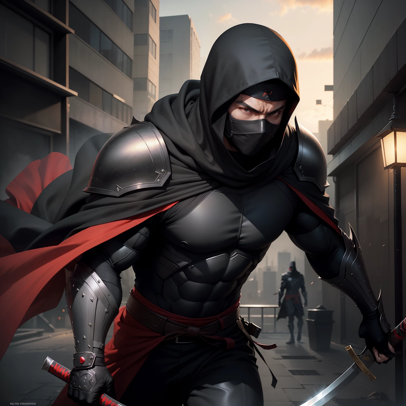 The highest quality, the perfect masterpiece, perfect art, 8K, 1male, super hero, Japanese, black hair, long black cape, black hood, night, katana on the back, serious, cold, ninja mask in the mouth, red eyes, pistols at the waist, on top of a building, vigilant, trained physique, ninja style, black clothing all over the body, agile, chest and shoulder armor, Anime, no ears