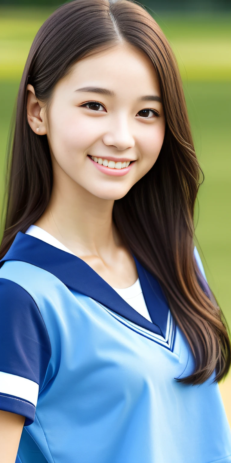 neat college girl, petite person, (school uniform, summer clothes, short sleeves), outside the athletic field, (slim, small, flat, small), photorealistic, detail, skin texture, ultra detail, delicate and sexy collarbone, smile, super detailed face, detailed lips, detailed eyes, double eyelids