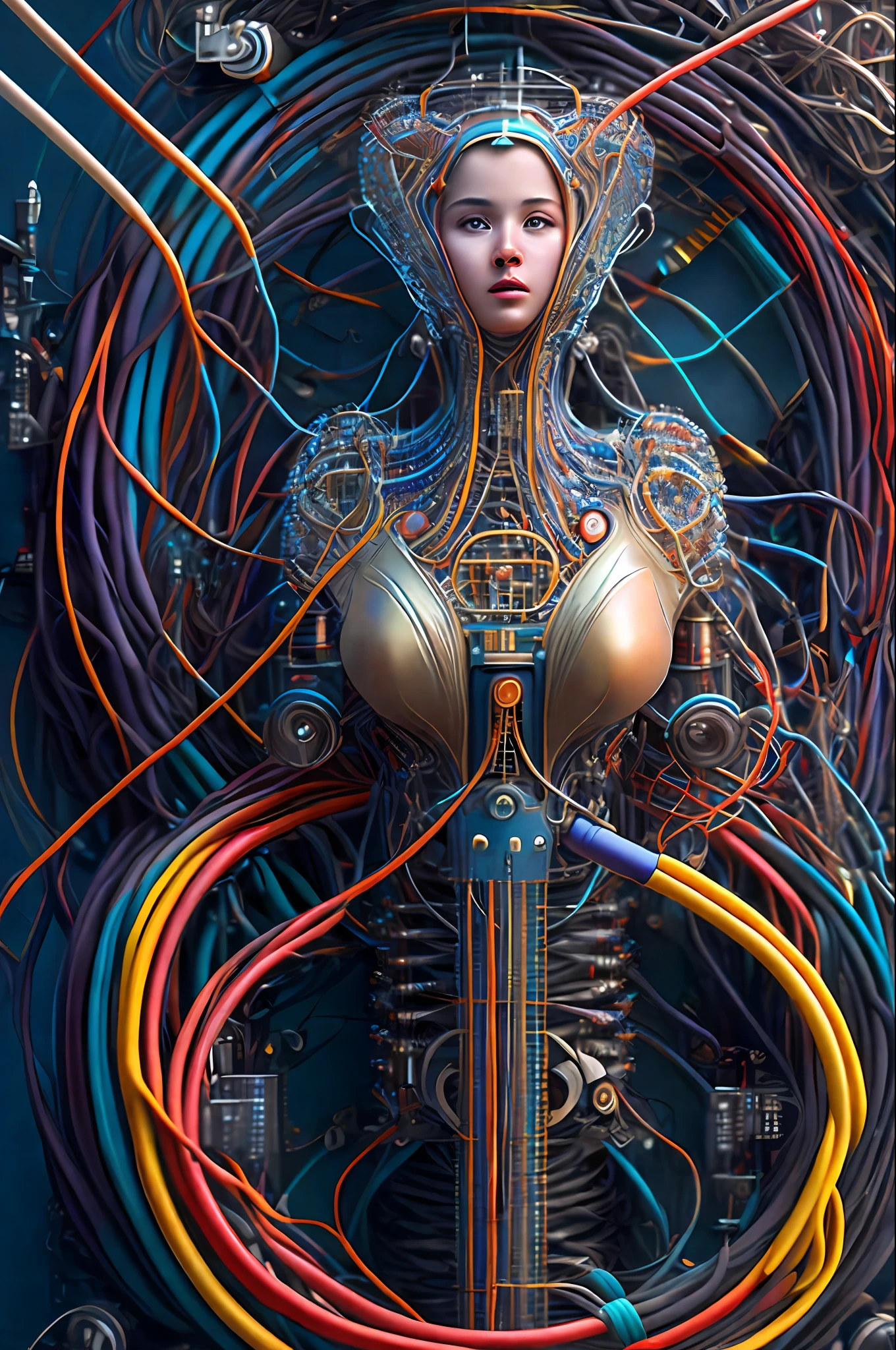 (((masterpiece))), (((best quality))), ((ultra-detailed)), (highly detailed CG illustration), ((an extremely delicate and beautiful)),(from side),cinematic light,((1mechanical girl)),solo,full body,(machine made joints:1.2),((machanical limbs)),(blood vessels connected to tubes),(mechanical vertebra attaching to back),((mechanical cervial attaching to neck)),(sitting),expressionless,(wires and cables attaching to neck:1.2),(wires and cables on head:1.2)(character focus),science fiction,extreme detailed,colorful,highest detailed