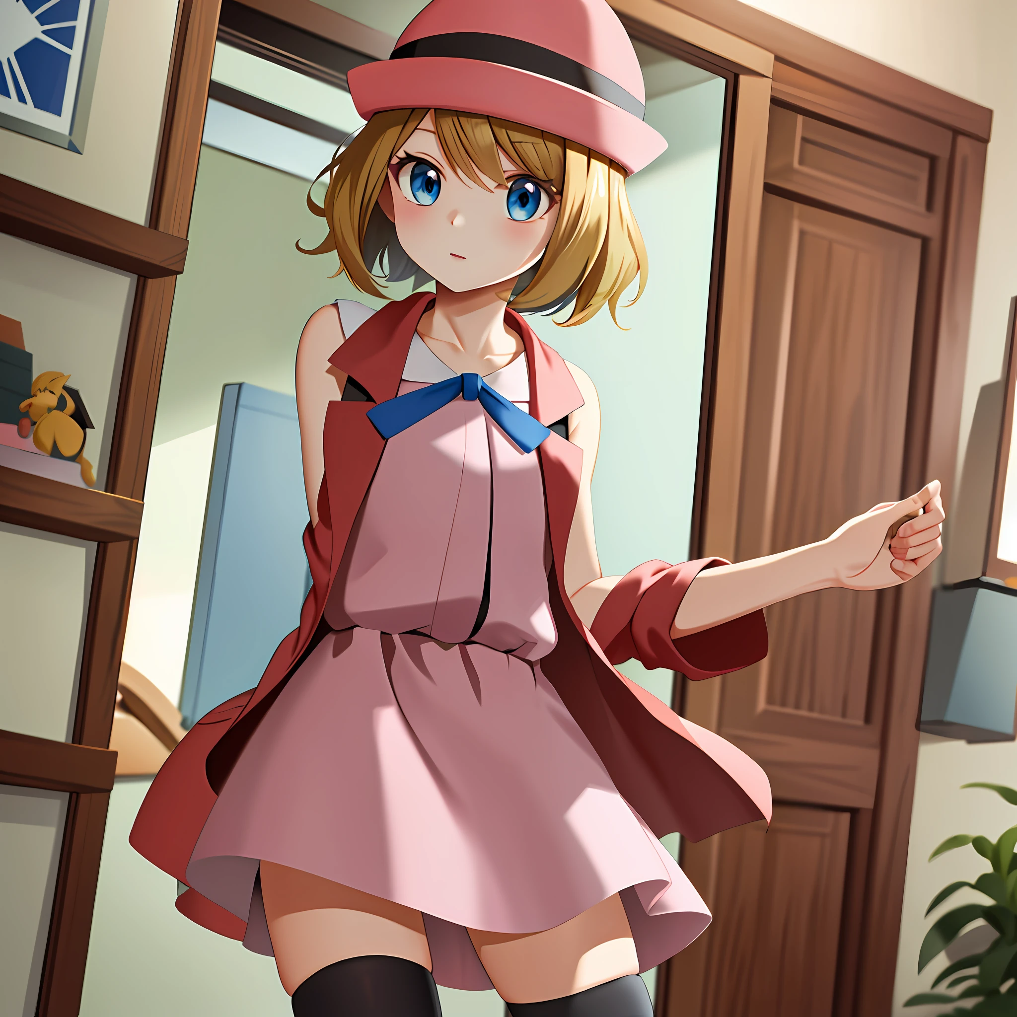 masterpiece, best quality, highres, serena \(pokemon\), short hair, blue eyes, 1girl, solo, blue ribbon, eyelashes, black thighhighs, neck ribbon, sleeveless, bangs, collarbone, pink headwear, bare arms, pink dress, red coat, cowboy shot, indoors