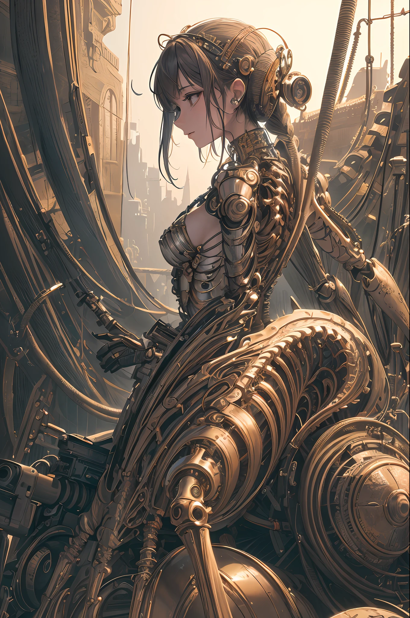 (((masterpiece))), (((best quality))), ((ultra-detailed)), (highly detailed CG illustration), ((an extremely delicate and beautiful)),(from side),cinematic light,((1mechanical girl)),solo,full body,(machine made joints:1.2),((machanical limbs)),(blood vessels connected to tubes),(mechanical vertebra attaching to back),((mechanical cervial attaching to neck)),(sitting),expressionless,(wires and cables attaching to neck:1.2),(wires and cables on head:1.2)(character focus),science fiction,extreme detailed,colorful,highest detailed