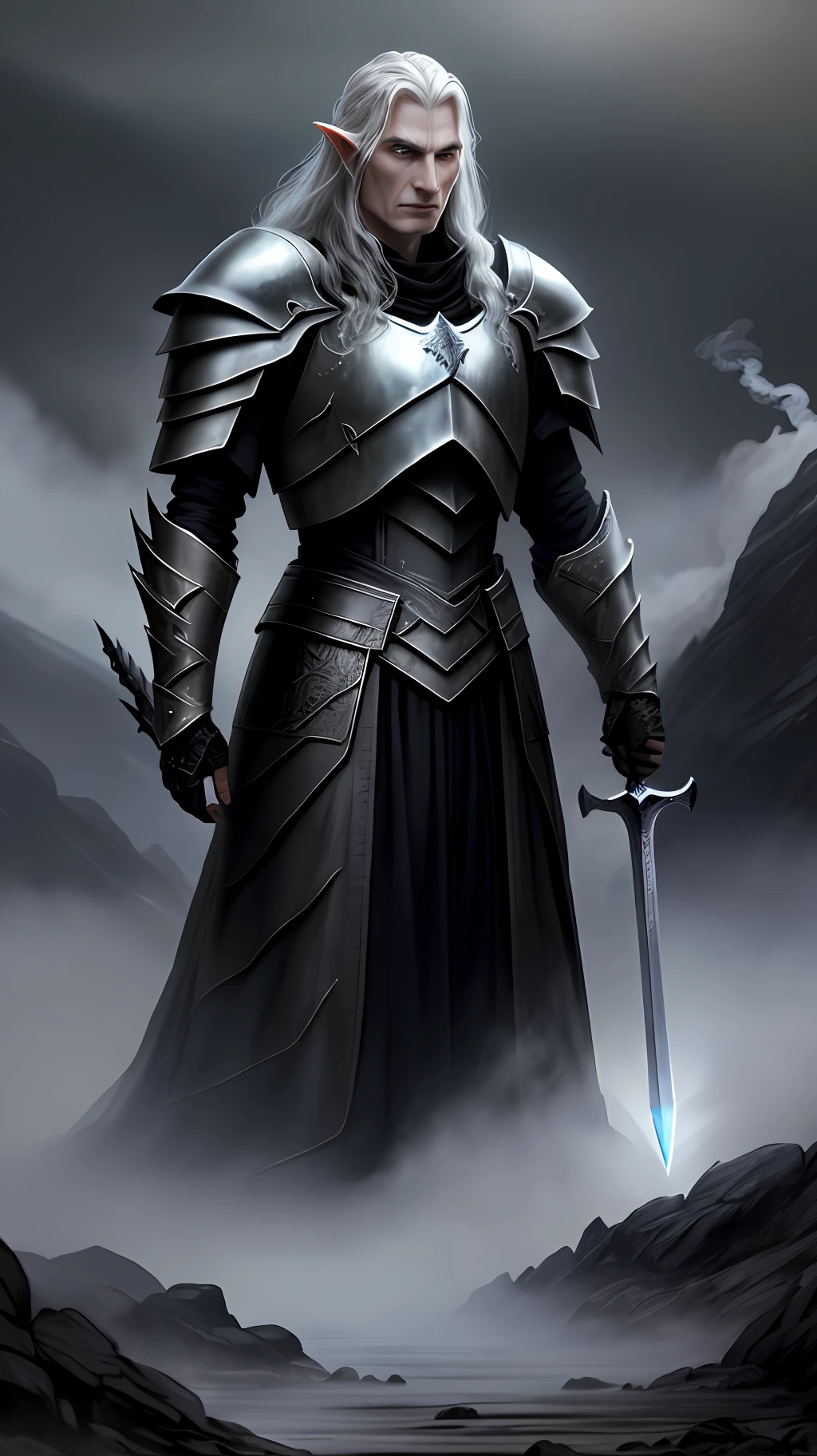 An evil being from Tolkien's Middle-earth, Saurom, the Lord of the dark with his armor, sword and crown (realistic and detailed image) in the background darkness and smoke