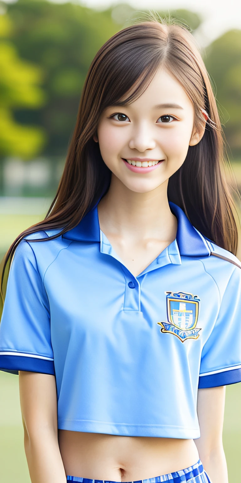 neat college girl, petite person, (school uniform, summer clothes, short sleeves), outside the athletic field, (slim, small, flat, small), photorealistic, detail, skin texture, ultra detail, delicate and sexy collarbone, smile, super detailed face, detailed lips, detailed eyes, double eyelids