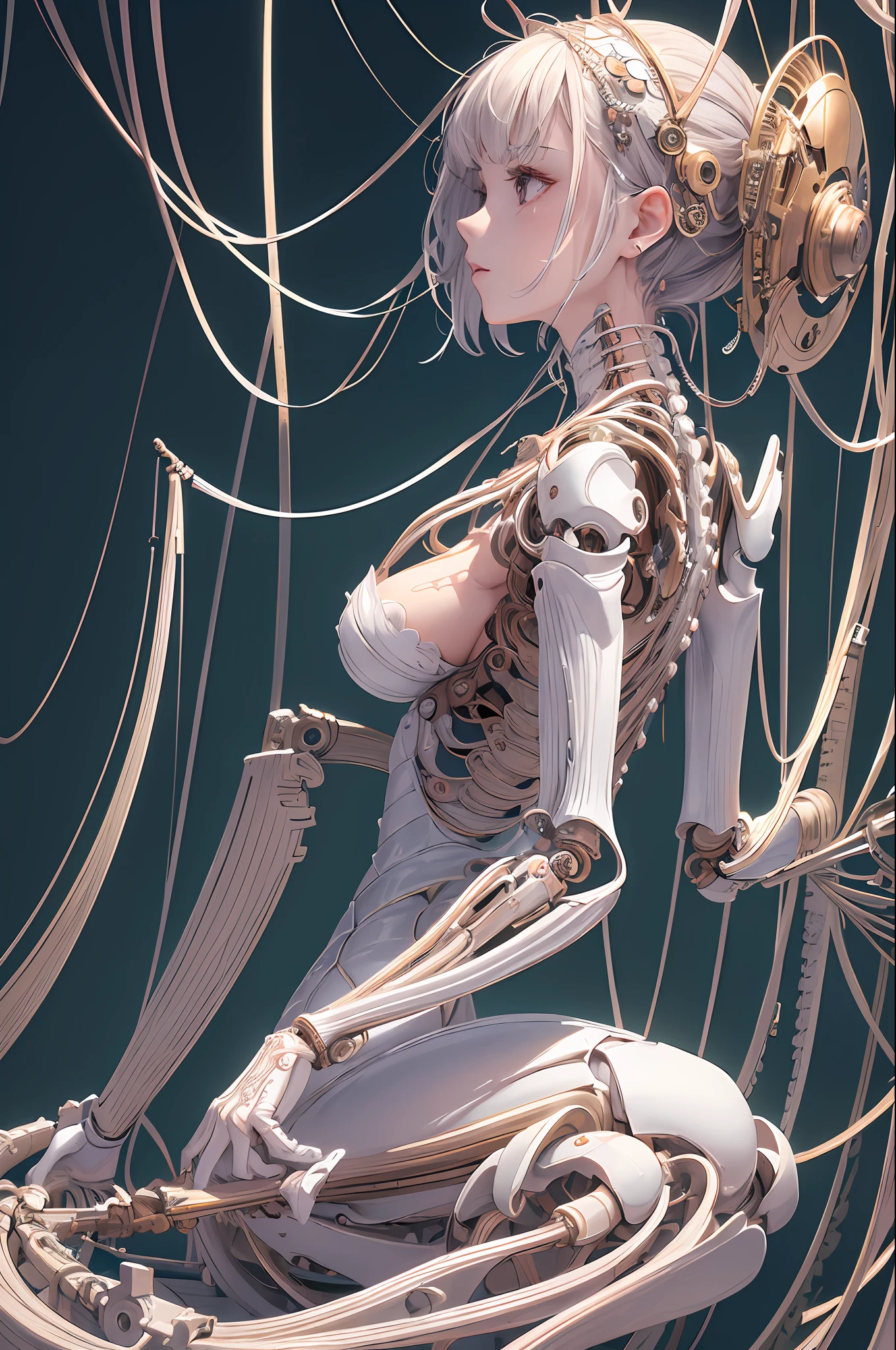 (((masterpiece))), (((best quality))), ((ultra-detailed)), (highly detailed CG illustration), ((an extremely delicate and beautiful)),(from side),cinematic light,((1mechanical girl)),solo,full body,(machine made joints:1.2),((machanical limbs)),(blood vessels connected to tubes),(mechanical vertebra attaching to back),((mechanical cervial attaching to neck)),(sitting),expressionless,(wires and cables attaching to neck:1.2),(wires and cables on head:1.2)(character focus),science fiction,extreme detailed,colorful,highest detailed