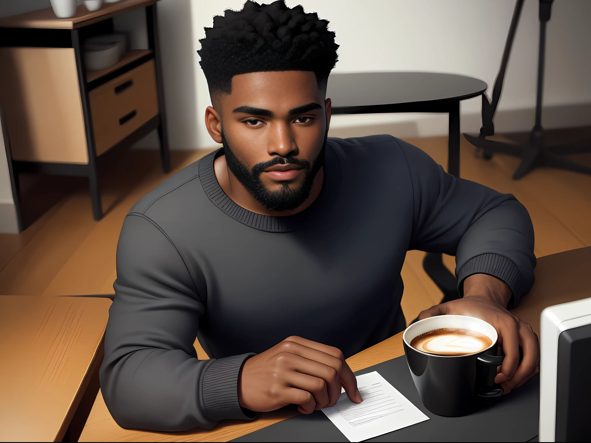 (1 Young black man), gorgeous black hair cut very low, beard well done close to the face, eyes with a reddish brown color, and a youtuber sitting at his desk looking at the audience, a coffee cup on the table, a table microphone beautiful hands well detailed arms with veins, black sweatshirt, dark blue jeans. Fleshy lips. Super details throughout the character, his gorgeous black table with details, hand with 5 fingers each
