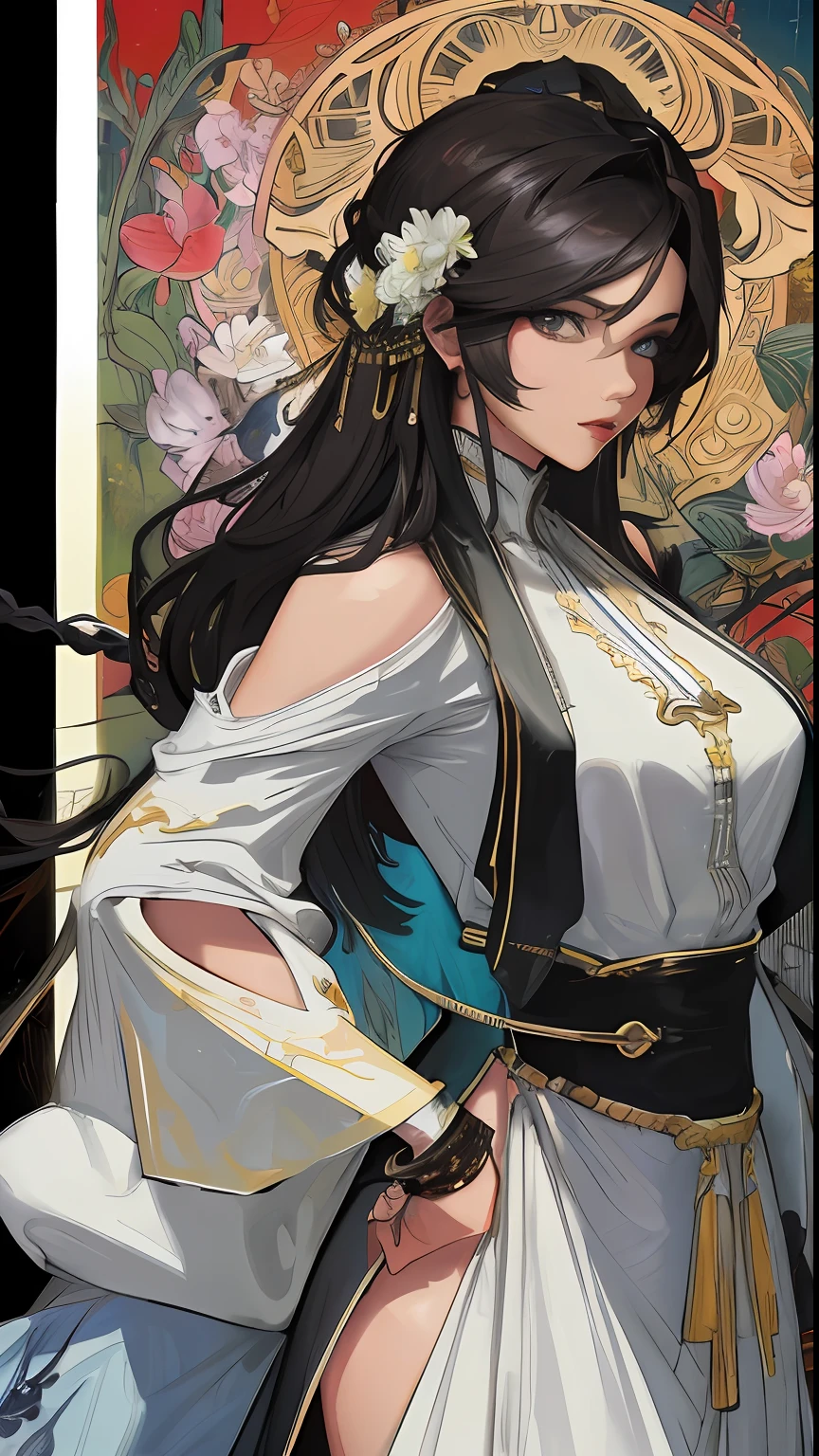 ::Mike S. Miller and Yoji Shinkawa Style::2.0 Comix Illustration Style,Tatoon Style,Ashley Alexiss,Beautiful woman with ultra detailed long hair,(beautiful and clear background:1.2),, fantastic paintings,graffit style, flowers, highly detailed eyes, a white t-shirt or dress with jaeans and white blouse underneath, with both cuffs in fighting position, and bracelets, fighting an enemy, with long black hair, stained glass color, tongue slightly out, vibrant, alphonse mucha style, fantastic paintings by Jason Fabok, high quality, --air 3:4 --upbeta --test --creative --upbeta --upbeta --upbeta --upbeta, masterpiece, best quality, high quality, extremely detailed CG unit 8k wallpaper, scenery, award-winning photography, HDR, extremely detailed, trend at Artstation, Trend in CGSsociation, intricate,