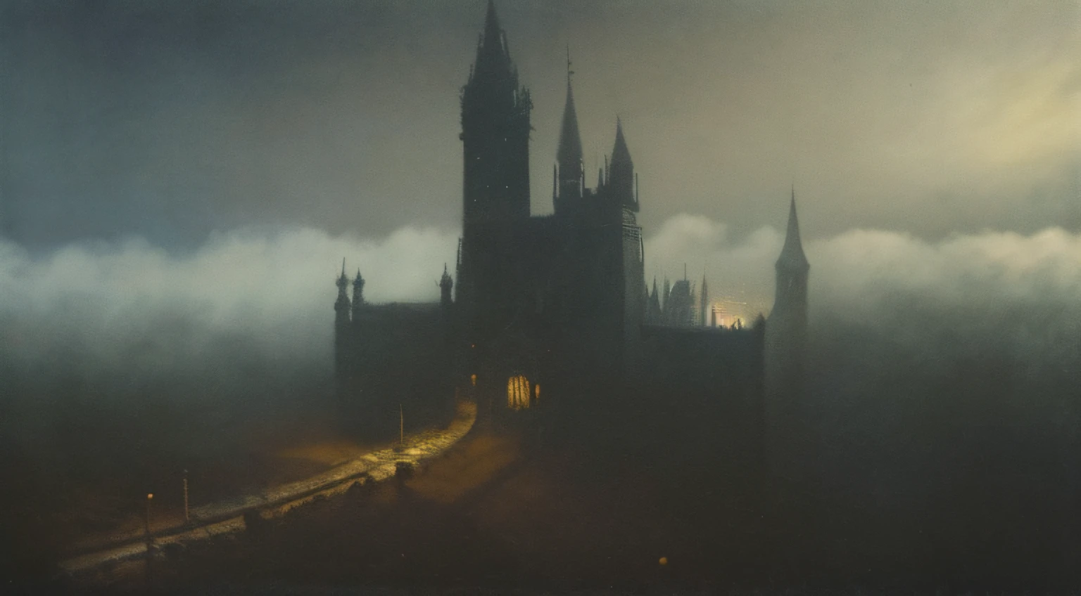 realistic dark oil painting of a fantasy town street, very dark, crowded, chaotic, messy, medieval, with cobblestone, moss, bushes and trees, at midnight, mist, foggy, shadows, misterious, mithical, dark, rays of light shines trough the clouds, ambient, depth of field, volumetric lighting, cinematic lighting, moody, heavy contrast, black sky, low angle perspective, by Zdzislaw Beksinski