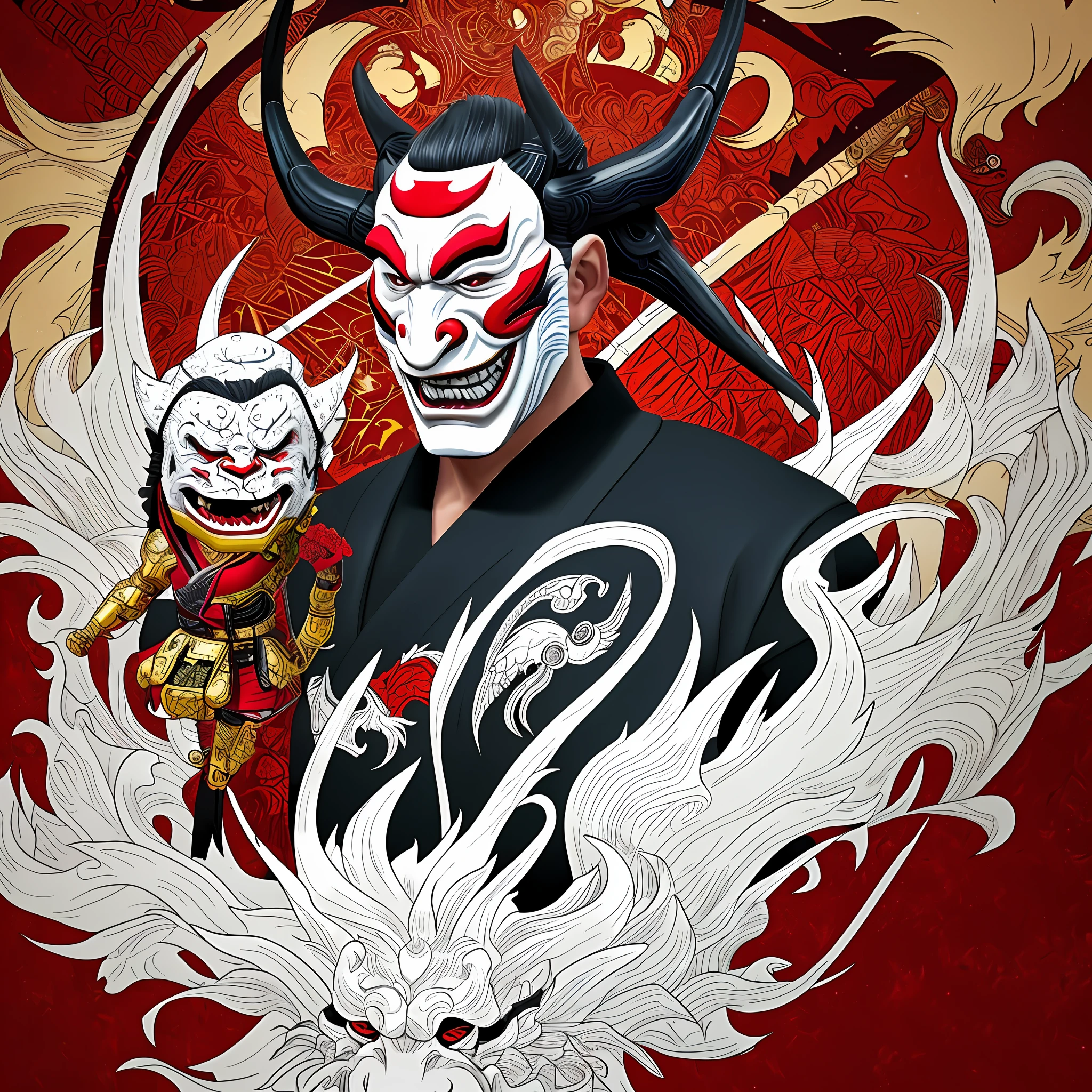 Hannya mask style of 0mib, illustrator, masterpiece, high quality, 8k, high resolution, high detailed, Japanese, samurai