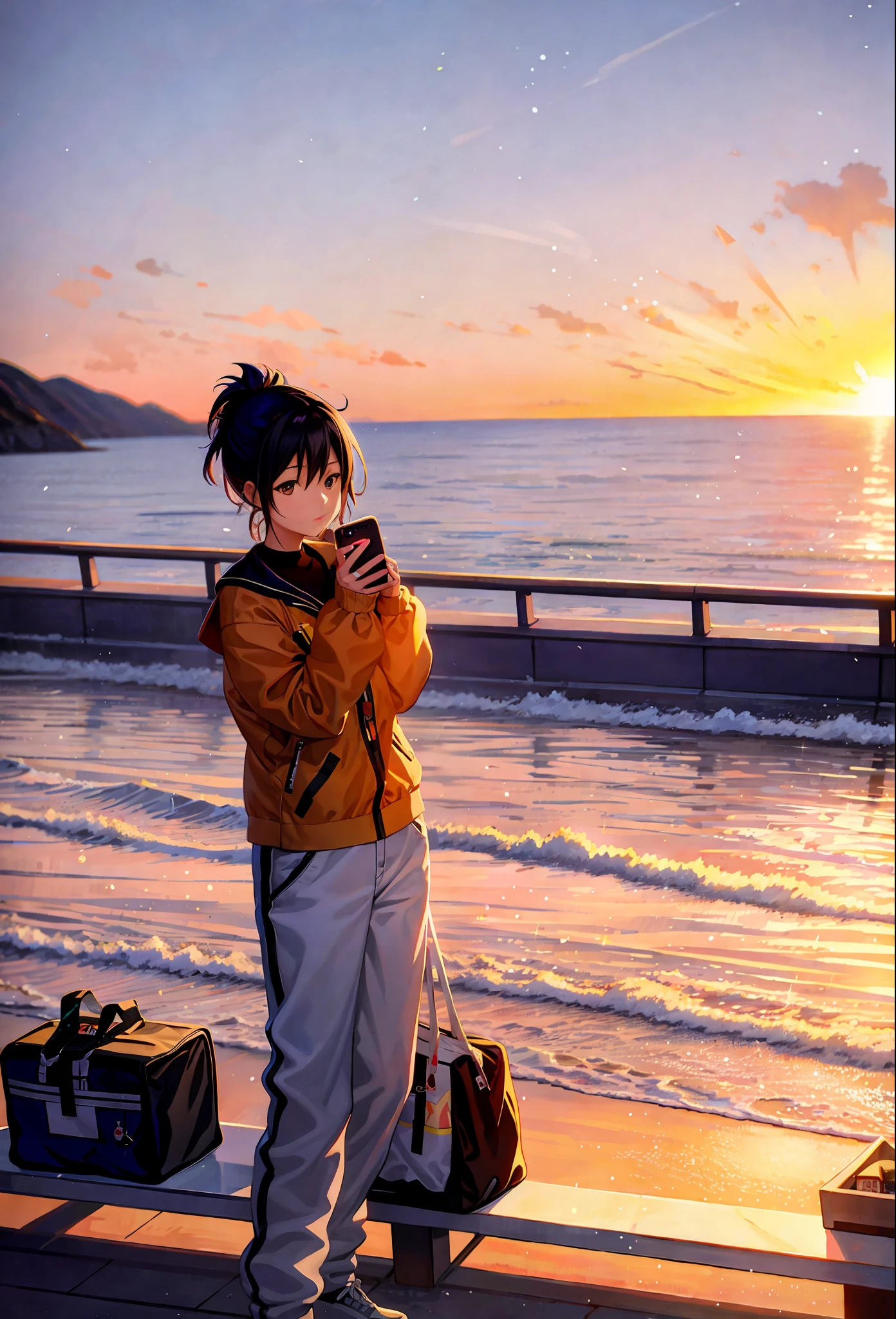 A digital artwork featuring a mix of anime-style and Fujifilm, depicting a woman standing on a bench, holding a mobile phone, watching the sunset. The illustrations are inspired by Makoto Shinkai's work, such as Your Name. and Children of the Weather. It also refers to styles such as "Legend of the Apex" and "The Cantai Collection", as well as the work style of the well-known artist Artgerm. In the end, the digital rendering presents the same style as Makoto Shinkai.