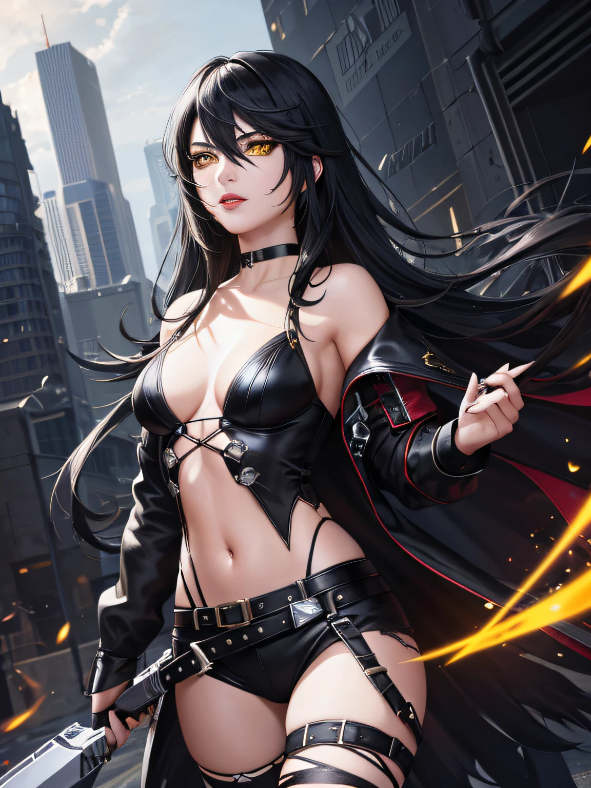 masterpiece, ultra high quality CG, best quality, perfect picture, solo, Velvet Crowe (yellow eyes, white skin, messy black hair too long, choker, small breasts, lipstick, makeup, eyeliner) as a cybernetic from a dystopic futuristc game