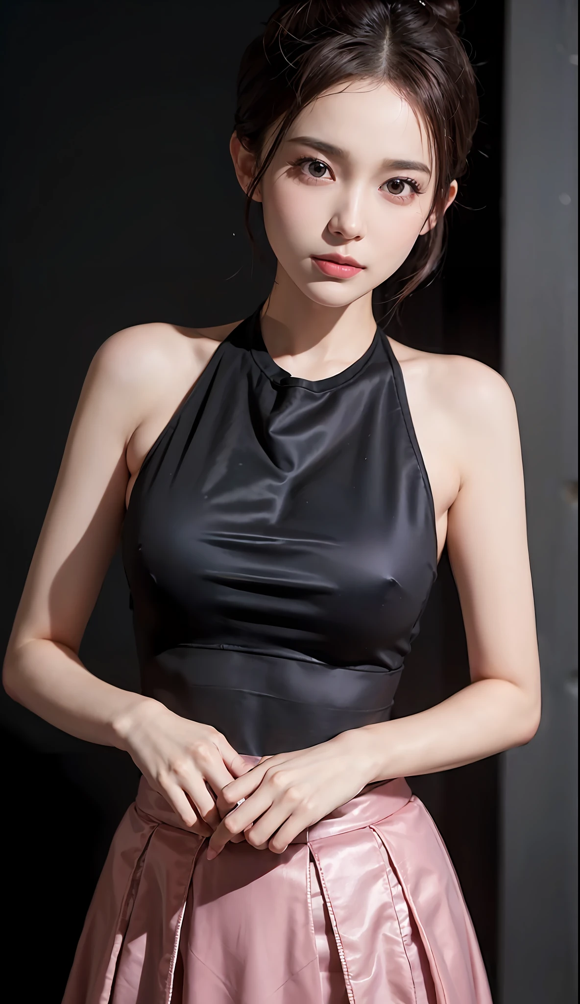 (RAW photo, best quality), (realistic, photo-realistic:1.3), best quality ,masterpiece, an extremely delicate and beautiful, extremely detailed ,CG ,unity ,2k wallpaper, Amazing, finely detail, masterpiece, light smile, best quality, extremely detailed CG unity 8k wallpaper, huge filesize , ultra-detailed, highres, extremely detailed, 1girl, slim body, small breasts, (black leotard top:0.7), (pink skirt:1.2), (bun hair), (brown hair), looking at looking at viewer, sharp focus, face close-up, nsfw,,,, pureerosface_v1:0.8 short hair,