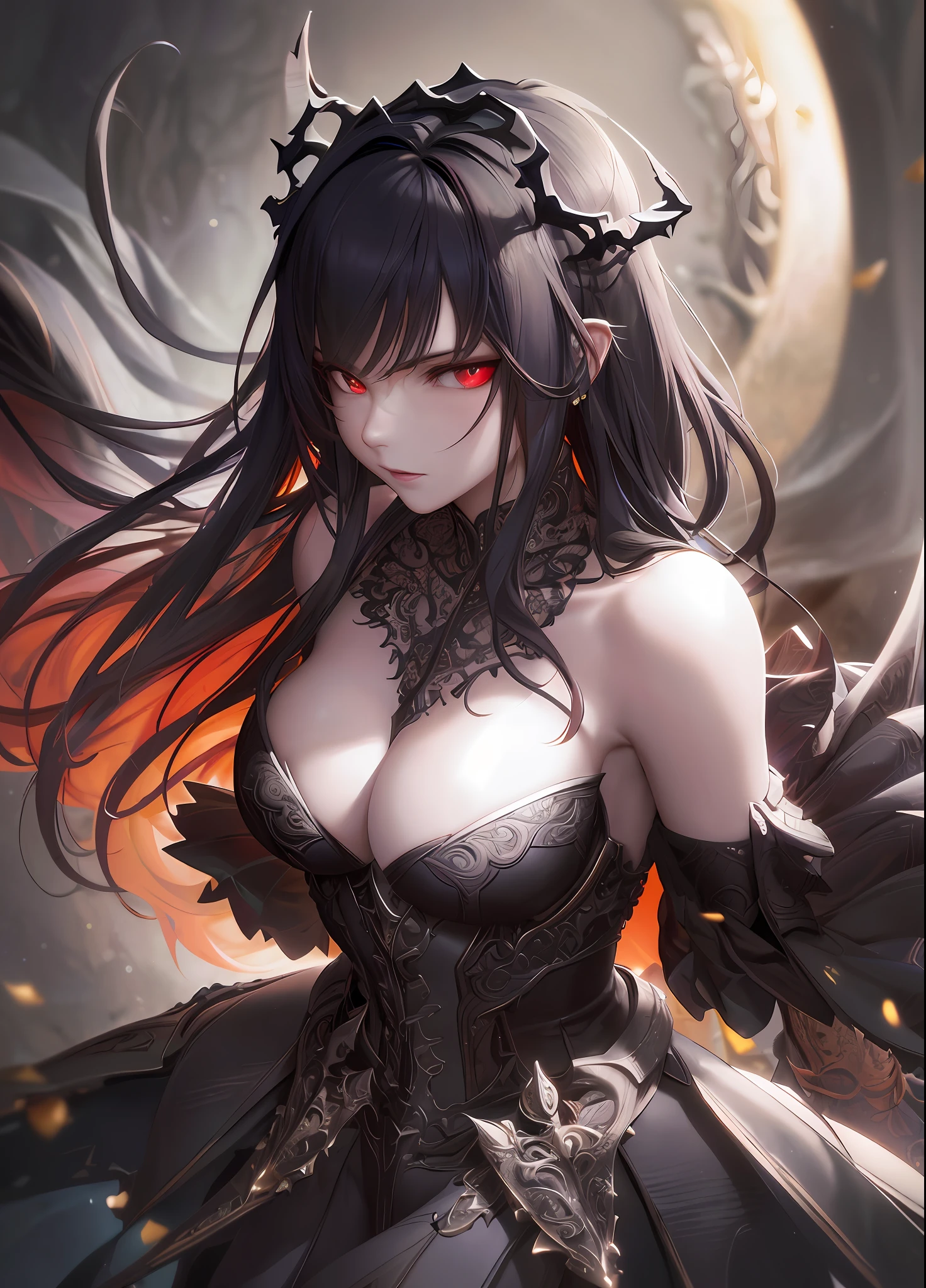 Analog style, (((intricate details)), full torso shot, cold lighting, beautiful, (pale gothic evil princess), (black hair), (complex), (skewed onyx dress armor)), (intricate jagged obsidian crown), dynamic poses, hair fluttering in the wind, perfect face, (realistic eyes), round iris, ((red eyes))), perfect eyes, complex, intricate, Helios 44-2, swirl bokeh, artstation trends, sharp focus, studio photography, intricate detail, very detailed, sharp, dnd character portrait, (oil on canvas), perfect lighting, masterpiece, detailed background, portrait by artgerm and greg rutkowski, cinematic lighting, 8k