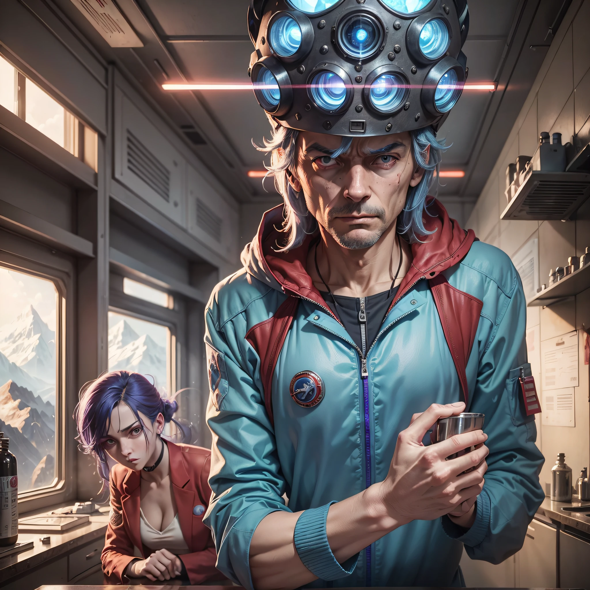 (craftsmanship, excellent quality), fantastic scientific defect, ugly scary male scientist meteorolo (50 years old) his young (20 years old) assistant, purple green sci fi suit made of fabric, business suit made of fiction, laboratory suit, facial expression (surprise, excitement) living in the mountains, socialism, psionics, experiments, strikingly detailed, strong emphasis on the atmosphere (ancient laboratory, blue and red light), scary environment, flaws, people looking at the camera,  An ugly background - all this in a major key, will create a unique atmosphere of horror and mystery.