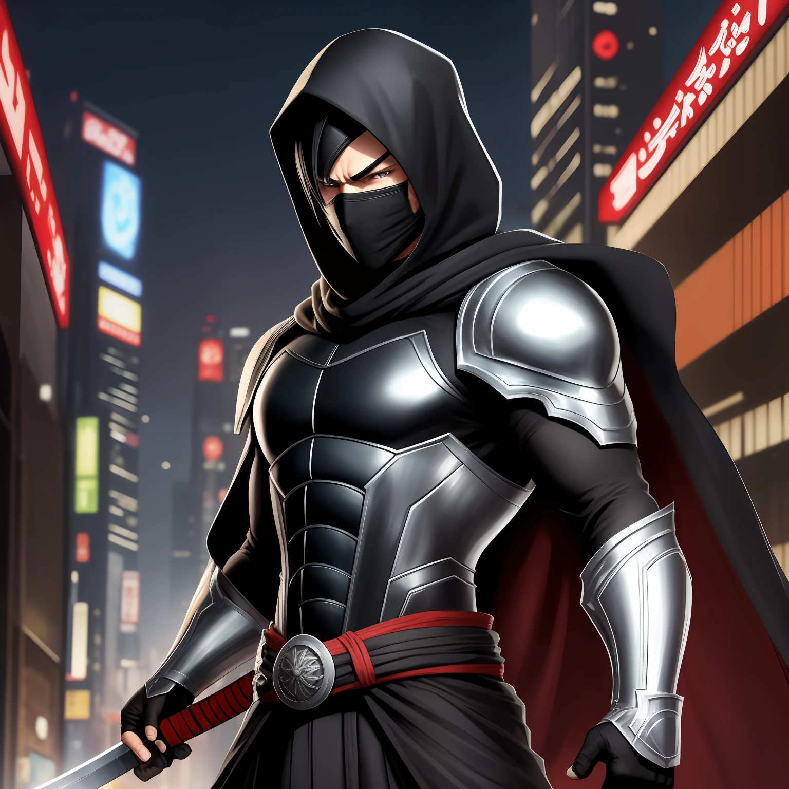 The highest quality, the perfect masterpiece, perfect art, 8K, 1male, super hero, Japanese, black hair, long black cape, black hood, night, katana on the back, serious, cold, ninja mask in the mouth and forehead, red eyes, pistols at the waist, on top of a building, vigilant, trained physique, ninja style, black clothing all over the body, agile,  Silver armor on chest and shoulder, Anime