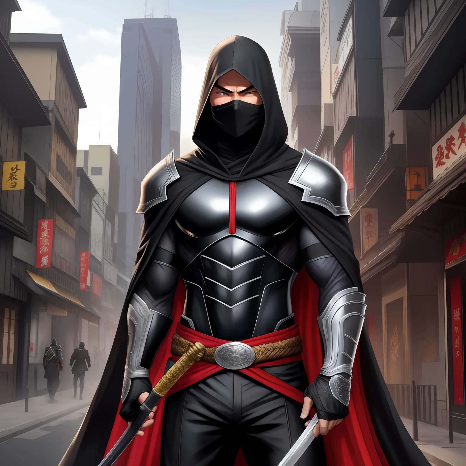 The highest quality, the perfect masterpiece, perfect art, 8K, 1male, super hero, Japanese, black hair, long black cape, black hood, night, katana on the back, serious, cold, ninja mask in the mouth and forehead, red eyes, pistols at the waist, on top of a building, vigilant, trained physique, ninja style, black clothing all over the body, agile,  Silver armor on chest and shoulder, Anime